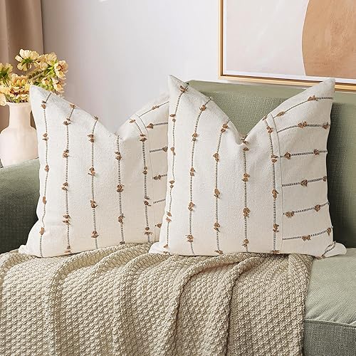AELS Juego de 2 fundas de almohada decorativas de lino bohemio de 18 x 18 pulgadas, fundas de almohada modernas con textura de granja, funda de