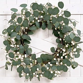 Green Eucalyptus Wreath 22inch Greenery Wreaths for Front Door Artificial Winter Wreath with Green Eucalyptus Leaves White Berries for Winter Christmas Window Wall Indoor Holiday Decoration