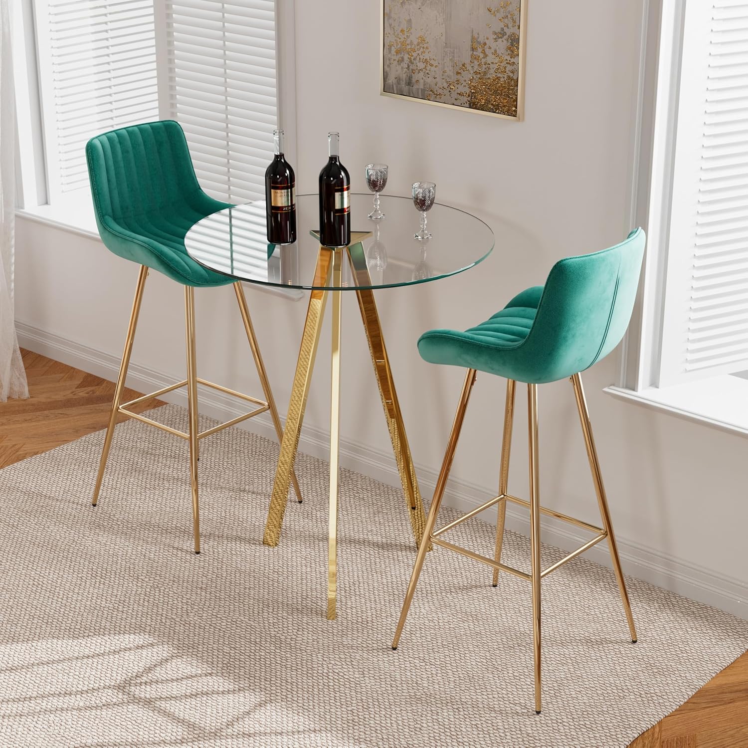 3 Piece Pub Dining Set, Modern Round Bar Table and Chairs for 2, 30" Bar Height Barstools and Glass Kitchen Table Set, 31" Small Dining Table with 2 Stools(Green)