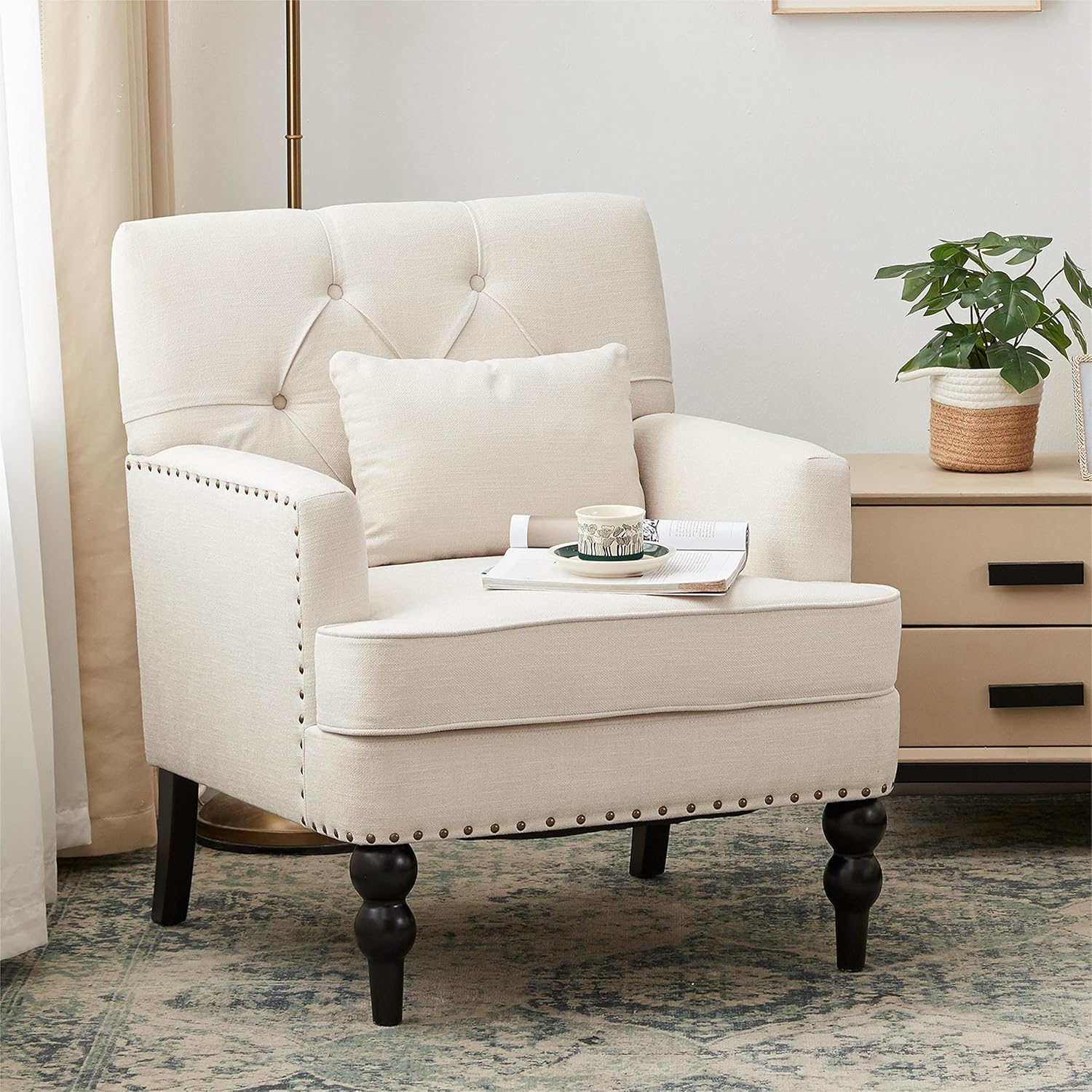 HUIMO Tufted Club Chair,Accent Chair with Lumbar Pillow, Upholstered Button Armchair, Linen Fabric Sofa Chairs for Bedroom, Living Room, Mid Century Modern with Studded Reading Chair Beige