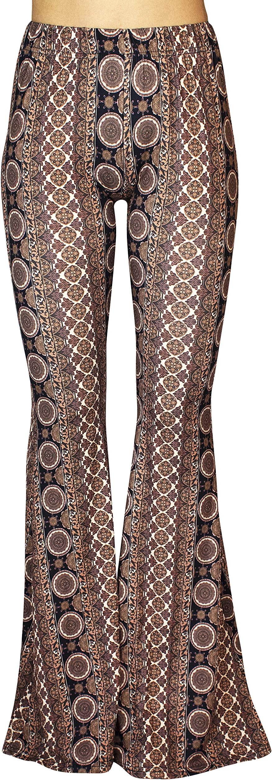 Daisy Del Sol High Waist Gypsy Comfy Yoga Ethnic Tribal Stretch 70s Bell Bottom Flare Pants (Small, Black Damask)