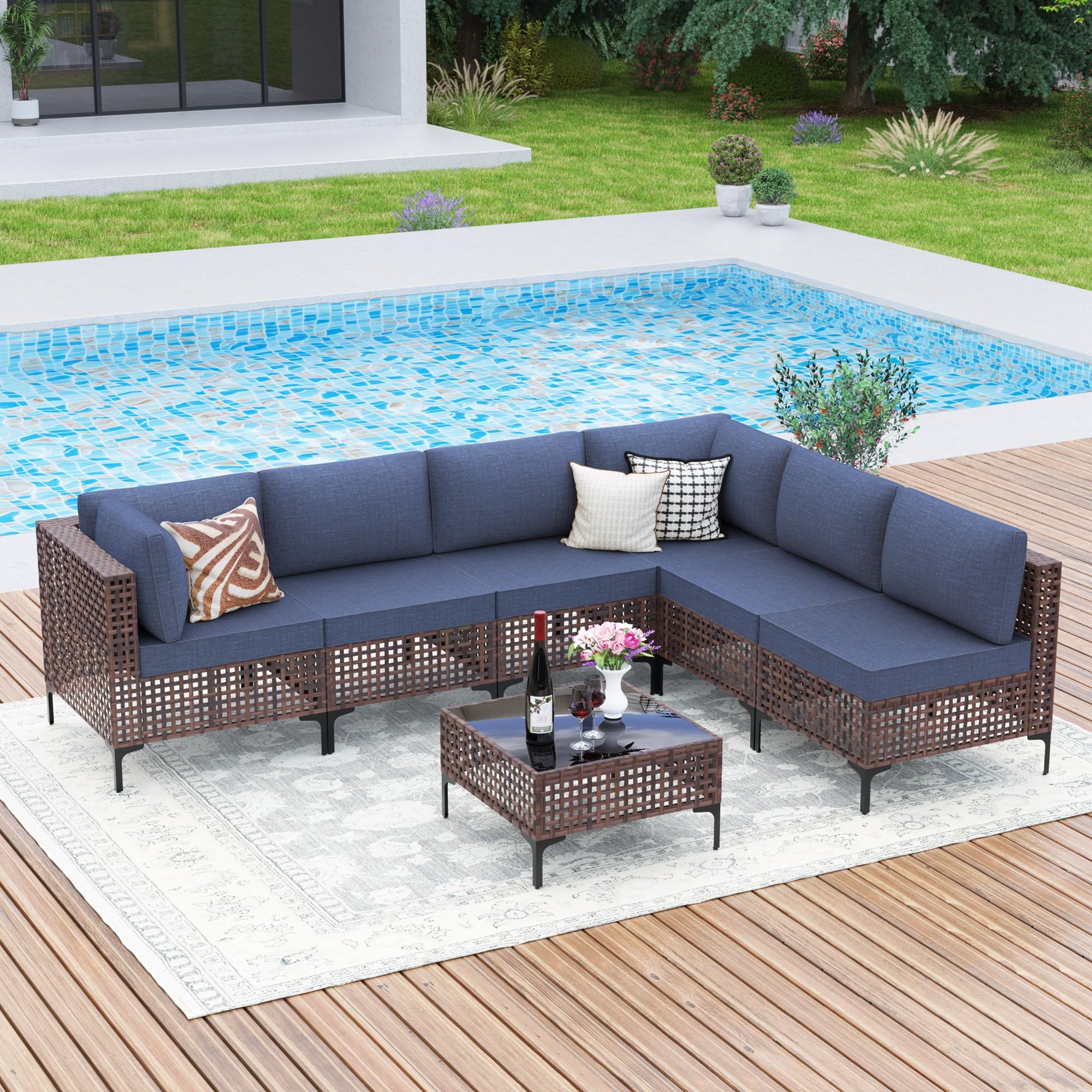 Kullavik 7 Pieces Outdoor Patio Furniture Set,Morden Brown PE Rattan Outdoor Conversation Set Sectional Sofa with Thick Cushions and Glass Table,NavyBlue