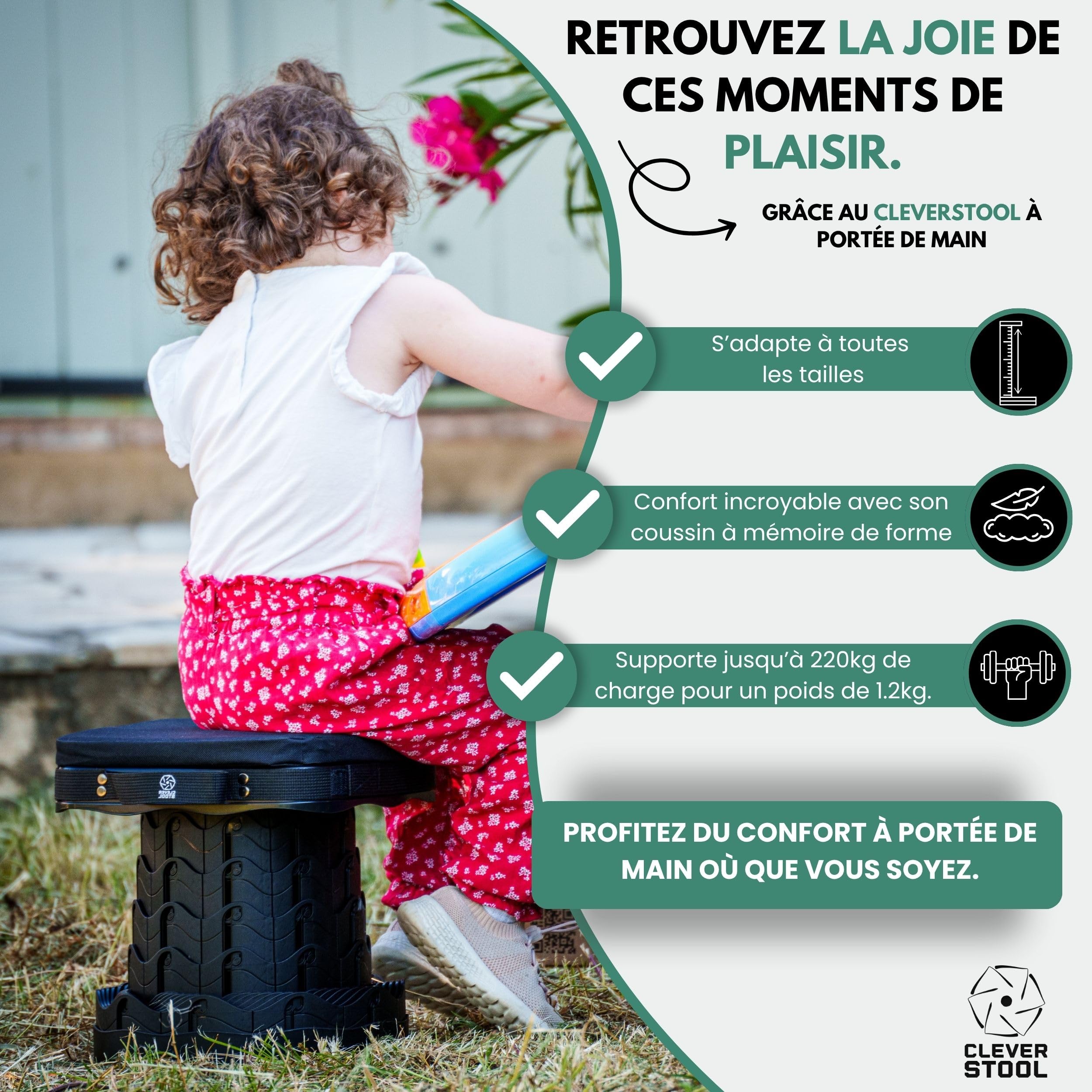 Tabouret Pliable Télescopique Confort avec Coussin – Ultra Résistant 220 kg, Siège Portable Réglable pour Camping, Pêche, Festival, Voyage