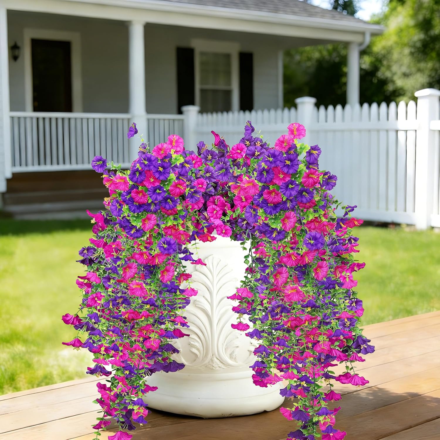 Senjie Artificial Hanging Flowers for Outdoor Spring Decor, 2 pcs UV Resistant Fake Morning Glory Silk Faux Flowers Plants for Outside Porch Patio Balcony Planters