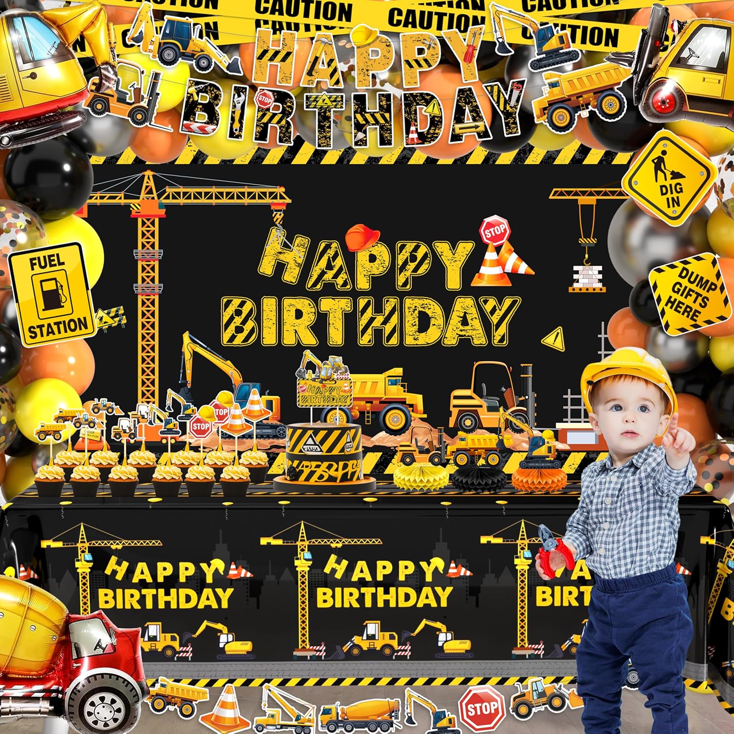 Construction Birthday Party Supplies - Dump Truck Decorations with Balloon Arch Kit, Happy Birthday Banner, Backdrop, Tablecloth, Honeycomb Centerpieces, Caution Tape - Image 5