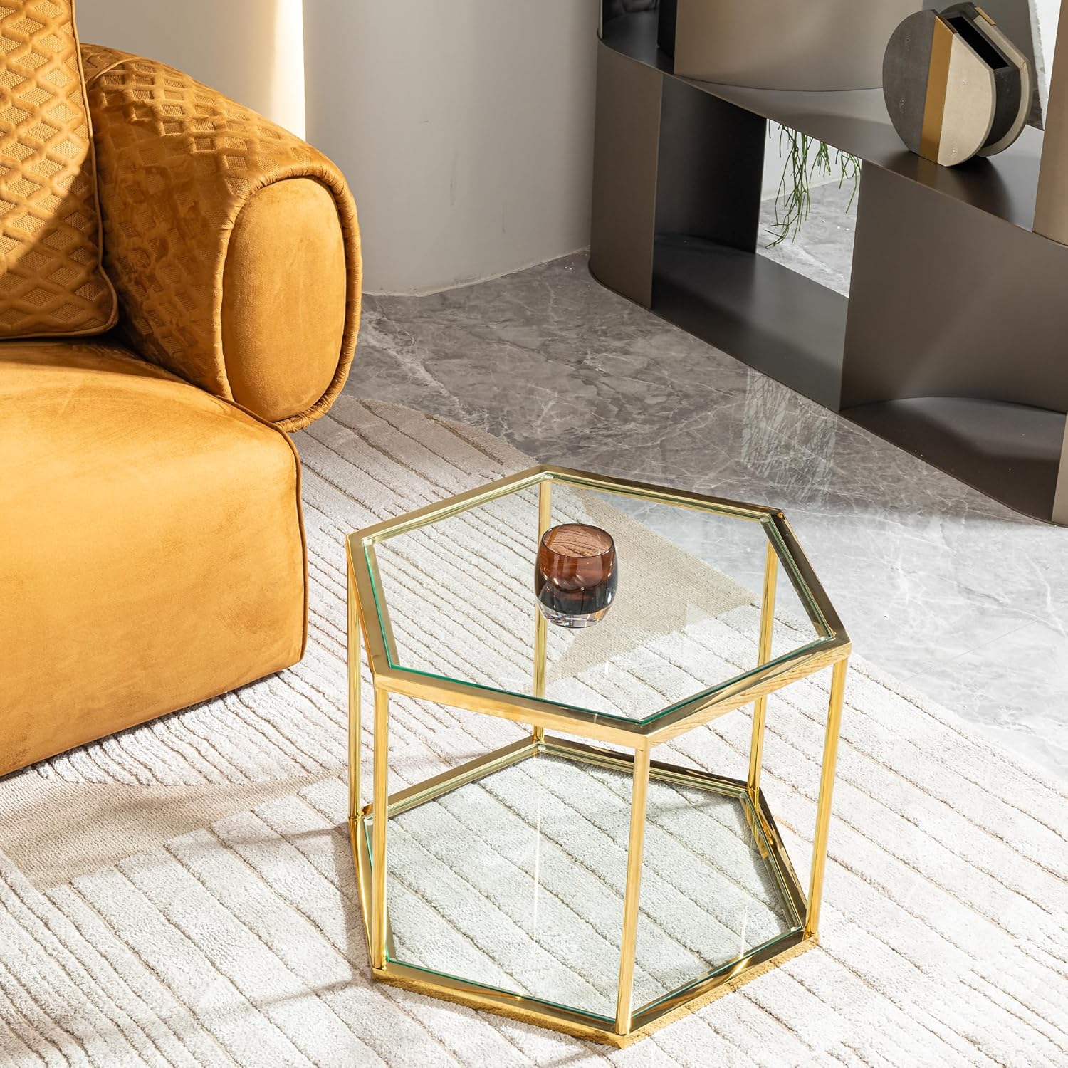 Luxury Hexagonal Side Table, Clear Tempered Glass top with Gold Steel Frame, 2-Tier Stand Display Table, Modern Design Coffee Table, Accent Table for Living Room