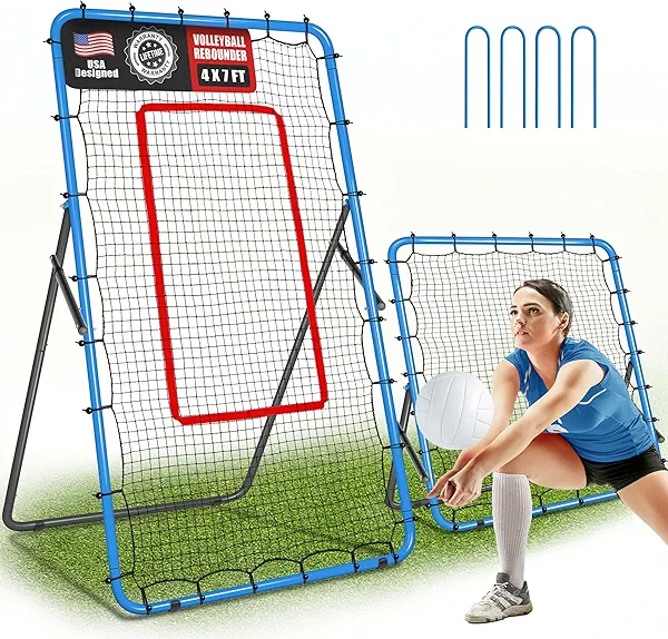 JOLORLY 2-in-1 Volleyball Rebounder Net System, Adjustable from 7x4 ft to 4x4.5 ft, 4-Angle Bounce Back Net, Training Equipment for Volleying, Bumping, Spiking Practice, Resists Twisting