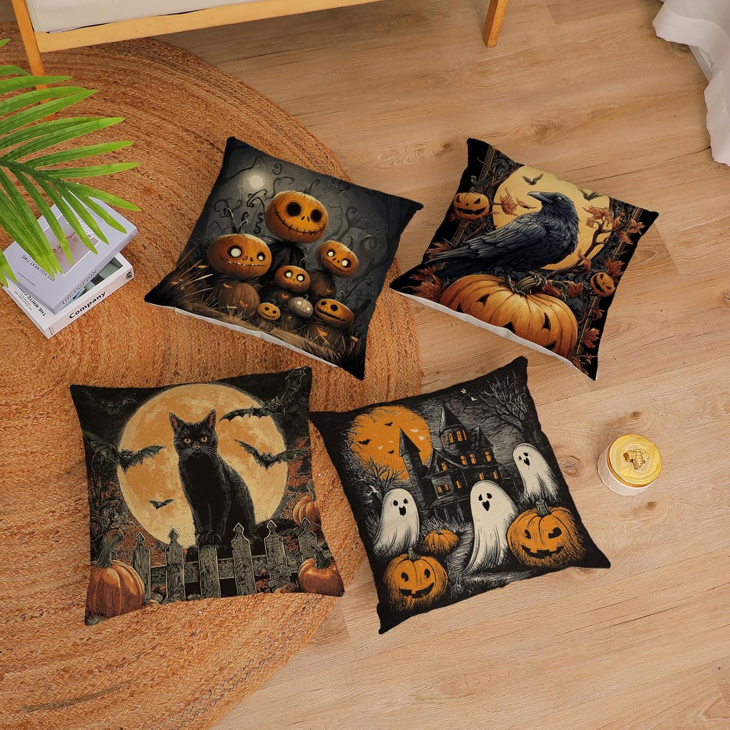 Halloween Pillow Covers 20x20 Set of 4 Ghost Pumpkin Decorative Throw Pillows Cover Black Cat Spider Crow Pillow Cases Home Outdoor Sofa Couch Cushion Covers for Halloween Decorations (20 by 20)