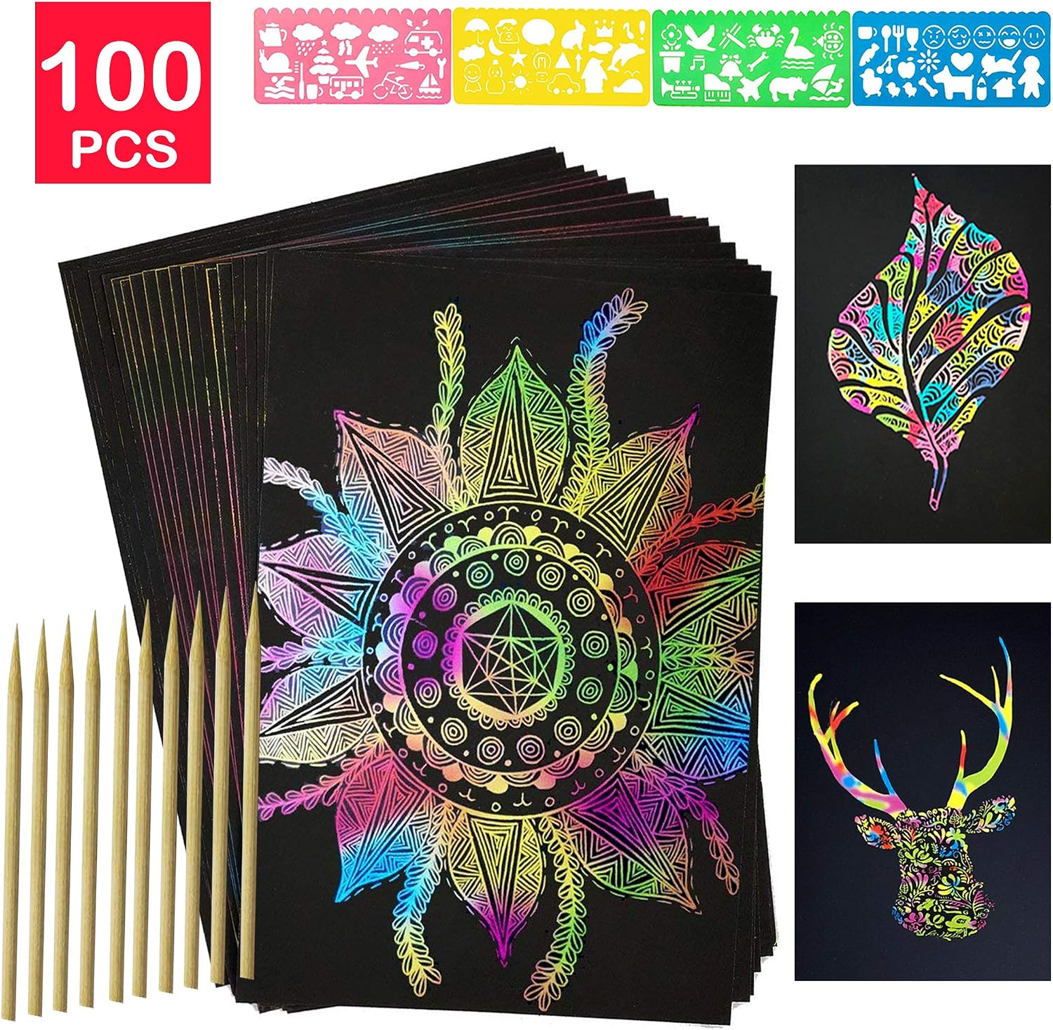 YUKKLY 100 Sheets Rainbow Scratch Paper; Scratch Art Paper; Black Doodle Pad with Rainbow Background with 10 Wooden Styluses and 4 Drawing Stencils…