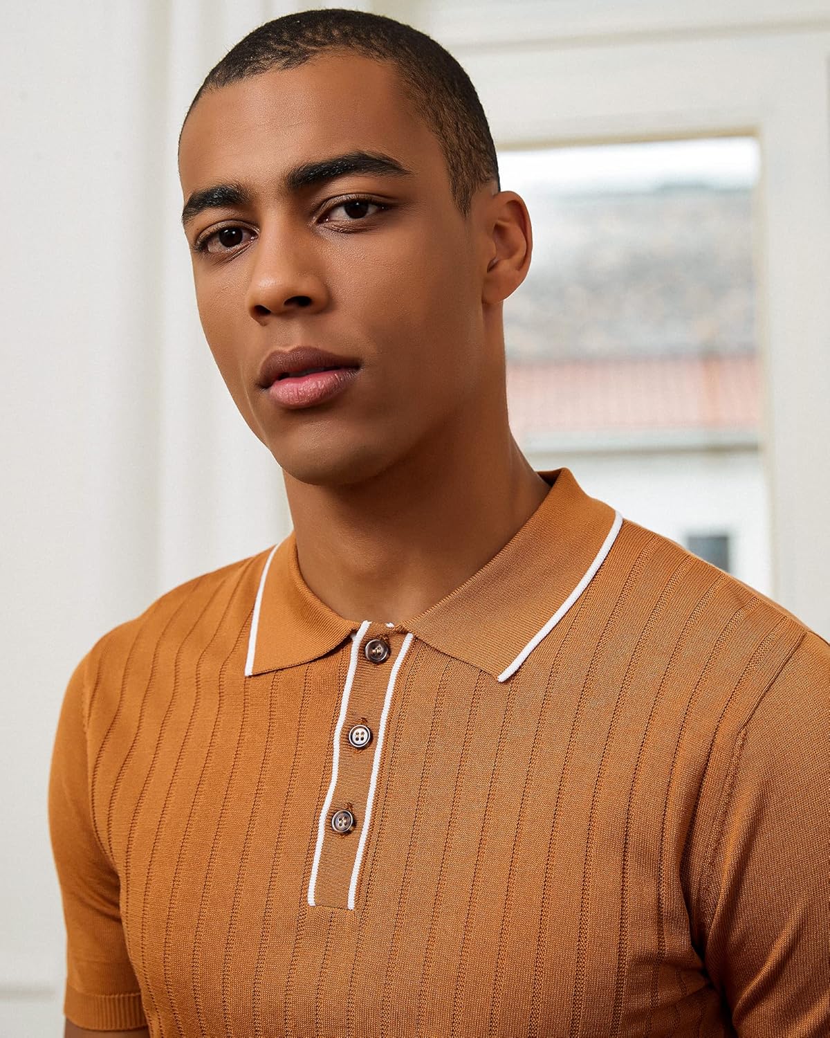 Kallspin Men's Vintage Knitted Polo Shirt Short Sleeve Solid Collared Golf Shirts with Button - Image 2