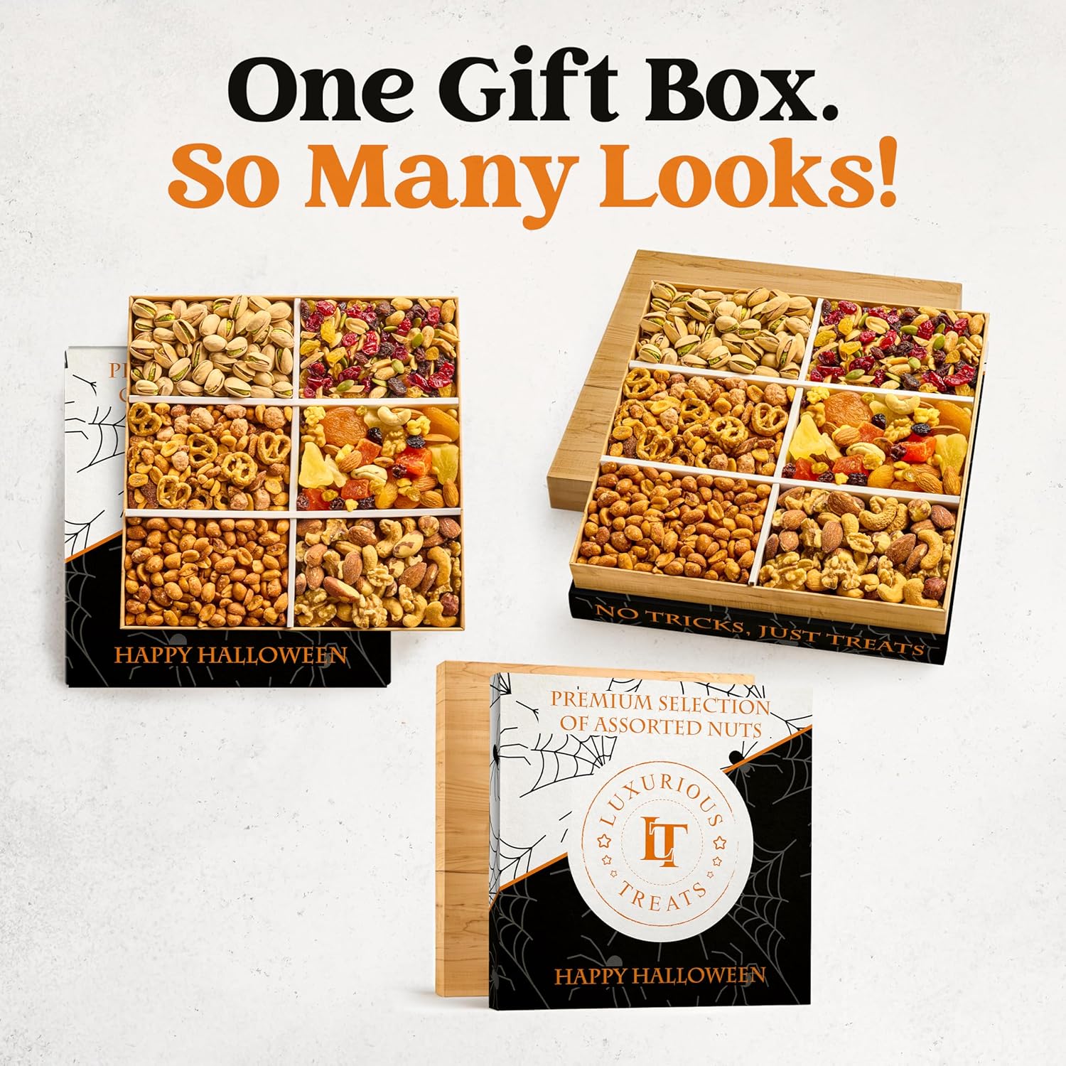 Halloween Gifts Basket Nuts Gift Basket, Halloween Treats for Adult Gourmet Mixed Nuts Variety Pack, 6 Assortment Healthy Snack Tray Care Package for College Students Men and Women