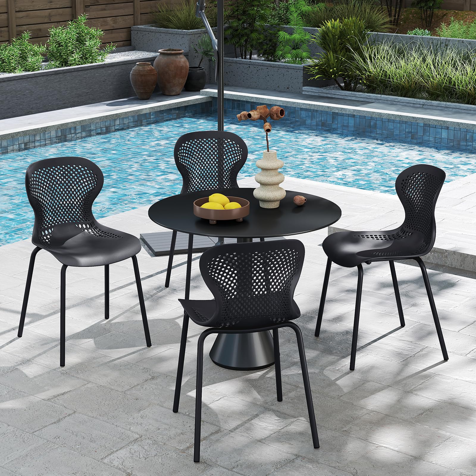 JIJIAN Pack de 6 Sillas de Jardín Apilables Negro, Sillas de Comedor de Plástico con Patas de Metal, Sillas de Cocina para Jardín, Balcón, Comedor y Terraza
