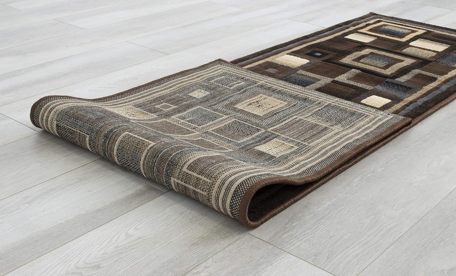 HR Abstract Chocolate Brown/Black/Gray Geometric Modern Squares Pattern Runner Area Rug