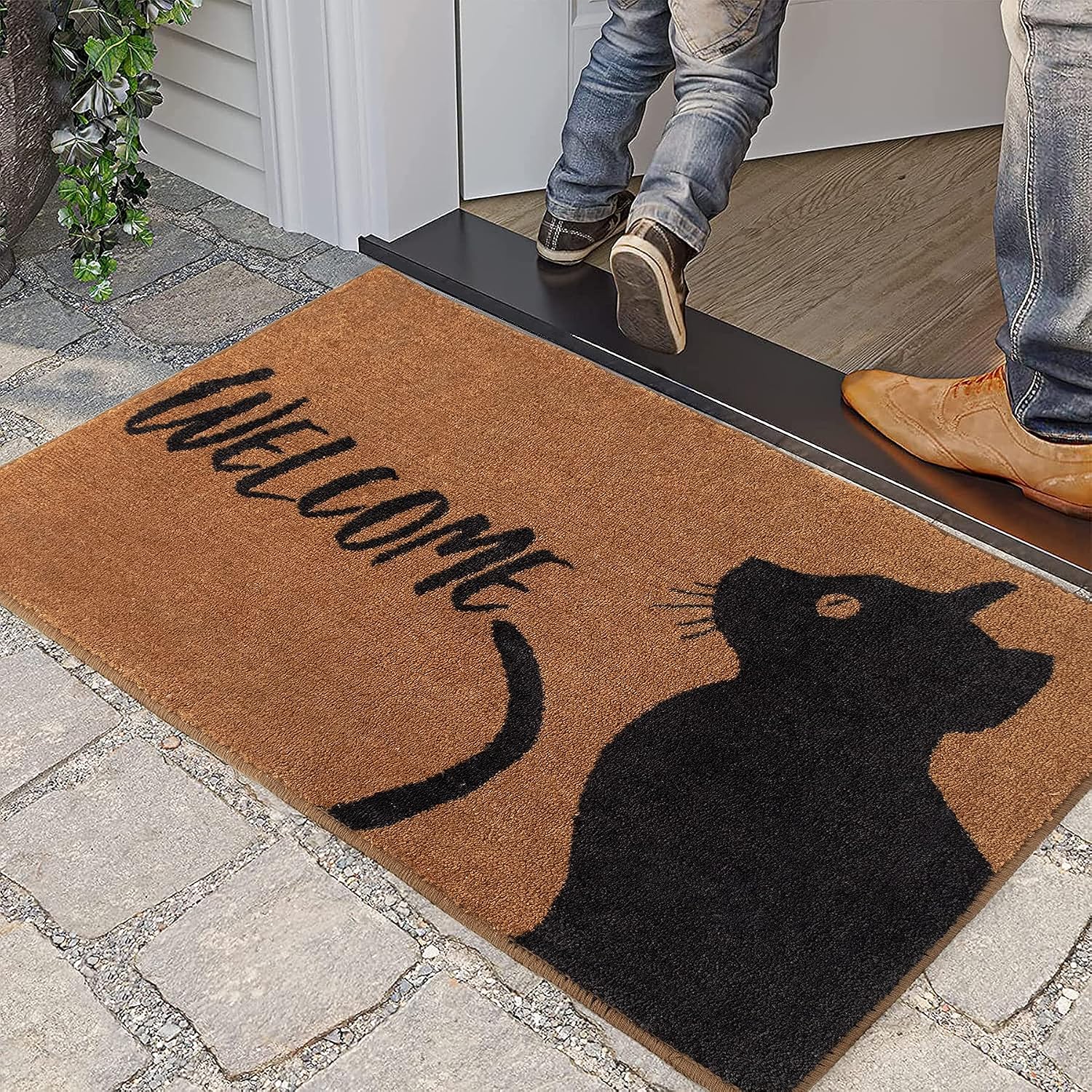 RORA Indoor Door Mat for Entrance Cat Funny Doormat Welcome Mats for Front Door Non-Slip Absorbent Resist Dirt Entryway Rug Washable Floor Mat,Brown