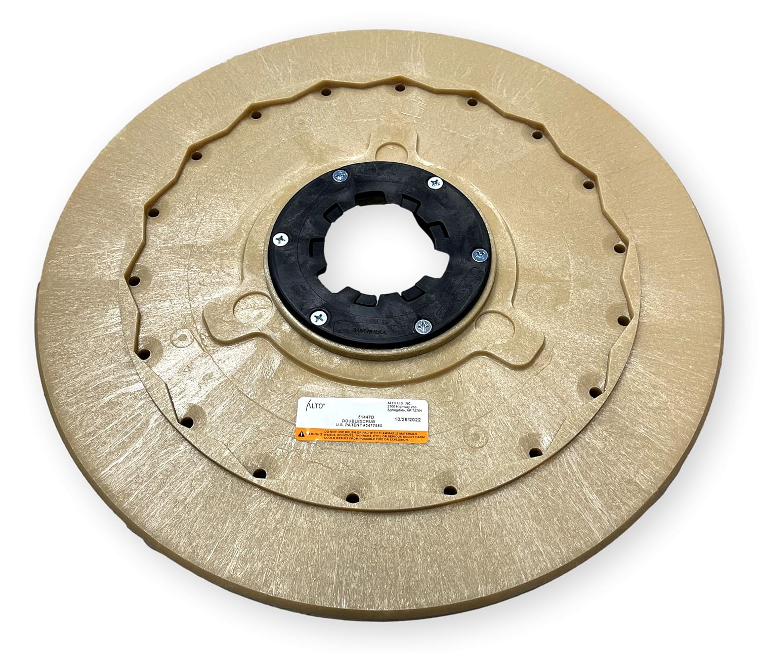 అండర్ సైడ్ view of the Clarke 51447D brush, showing the beige polypropylene base with a black central clutch plate and mounting screws.