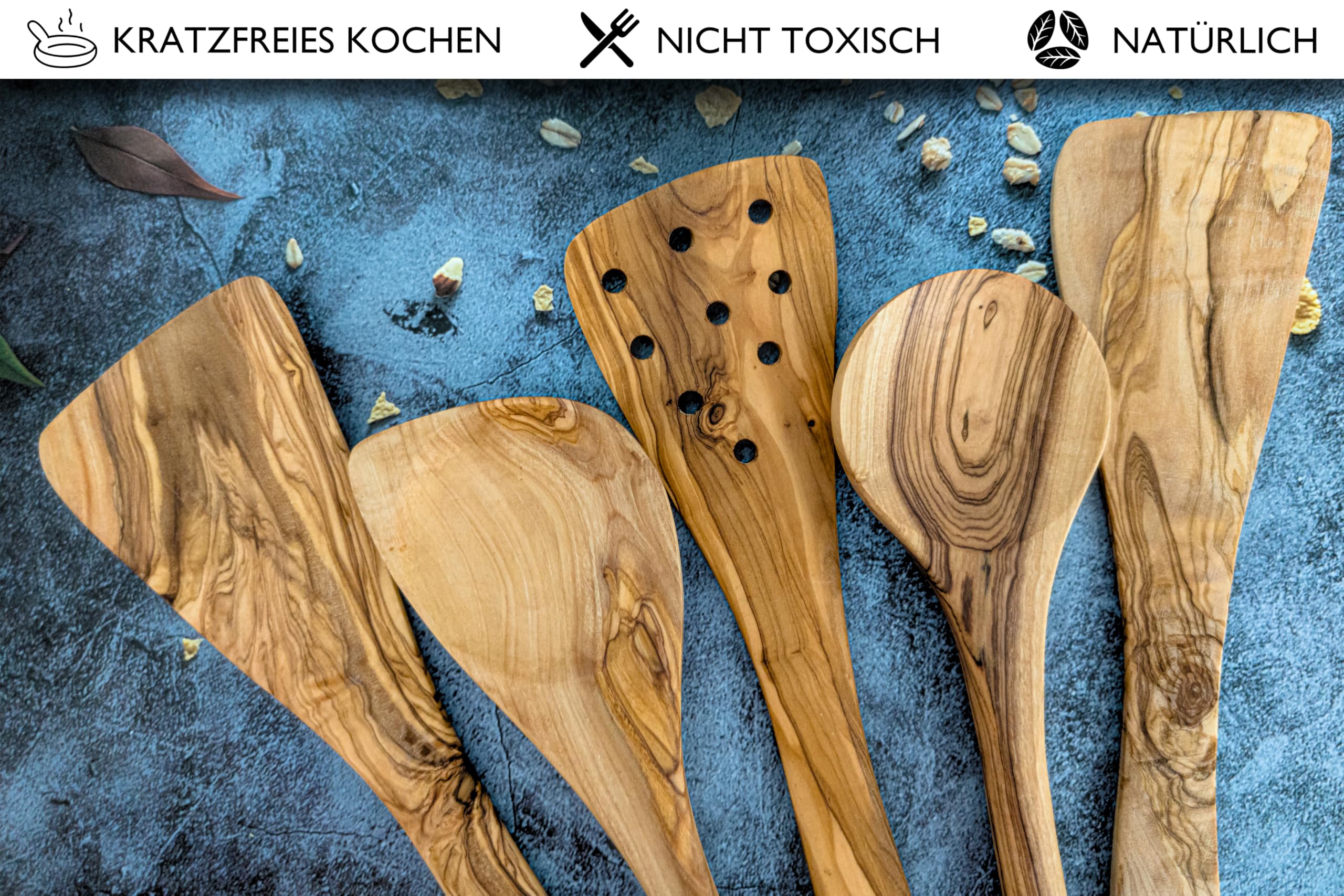 EMNA - 5-teiliges Oliven-Holz Küchenutensilien-Set | ca. 30 cm | Exklusive Geschenk-Box | Koch-Löffel | Pfannen-Wender | Geschenkidee | Geburtstag | Weihnachten | Frau | Mutter | Mann | Vater | Ostern