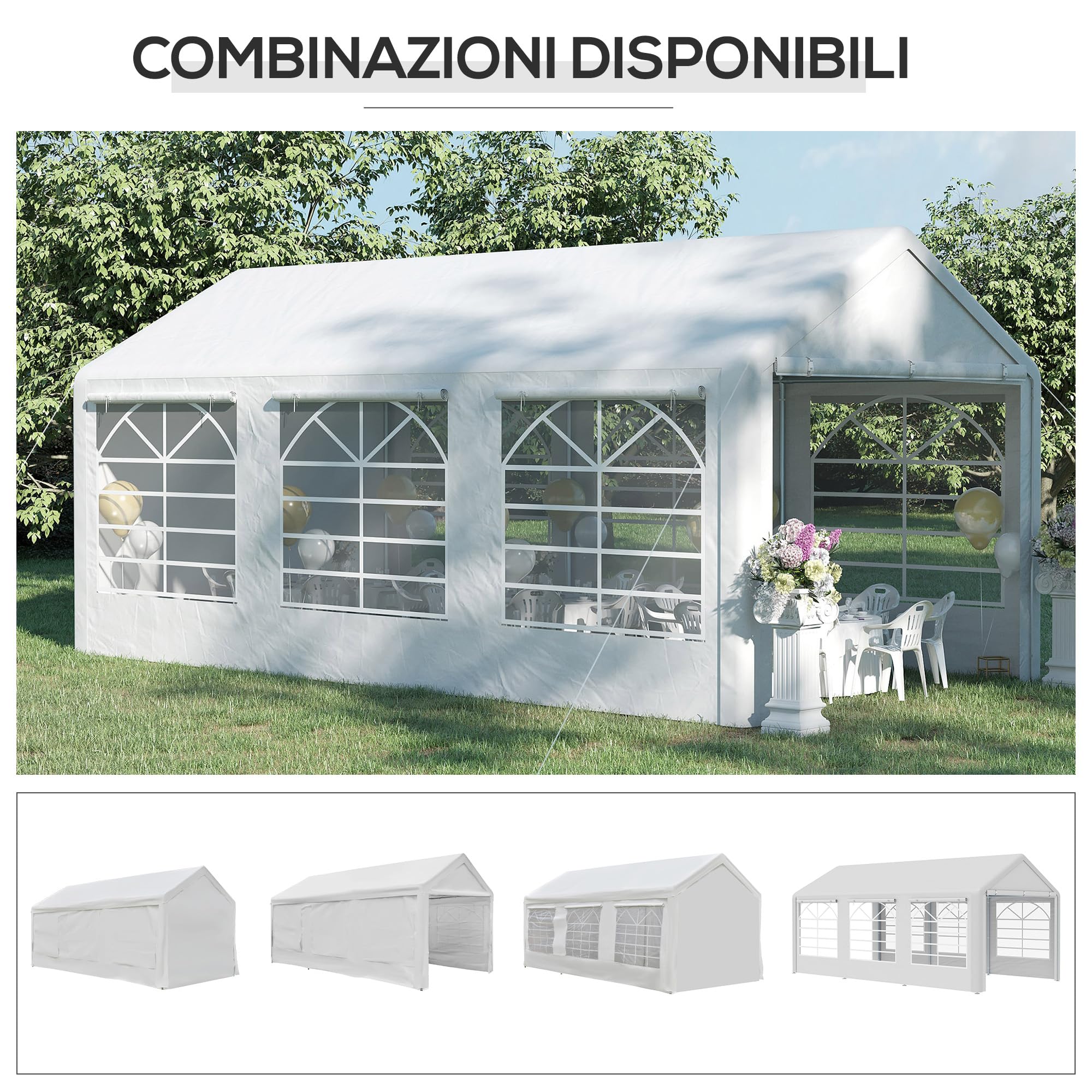 Outsunny Gazebo da Giardino 6x3 m con Finestre Laterali 3 Stanze Bianco