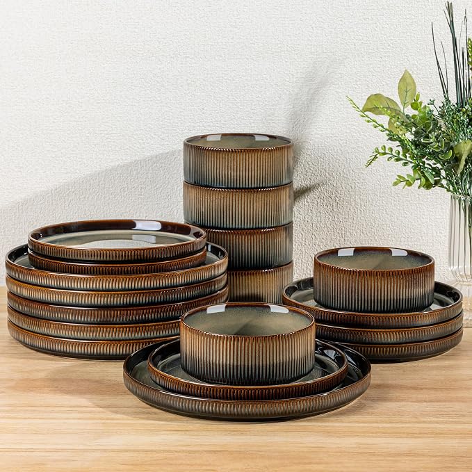 TheTerra Ceramic Dinnerware Sets for 4, 12 Pieces Porcelain Lightweight Speckled Plates and Bowls Sets, Scratch Resistant Dish Set, Oven & Microwave & Dishwasher Safe, Coca Mocha