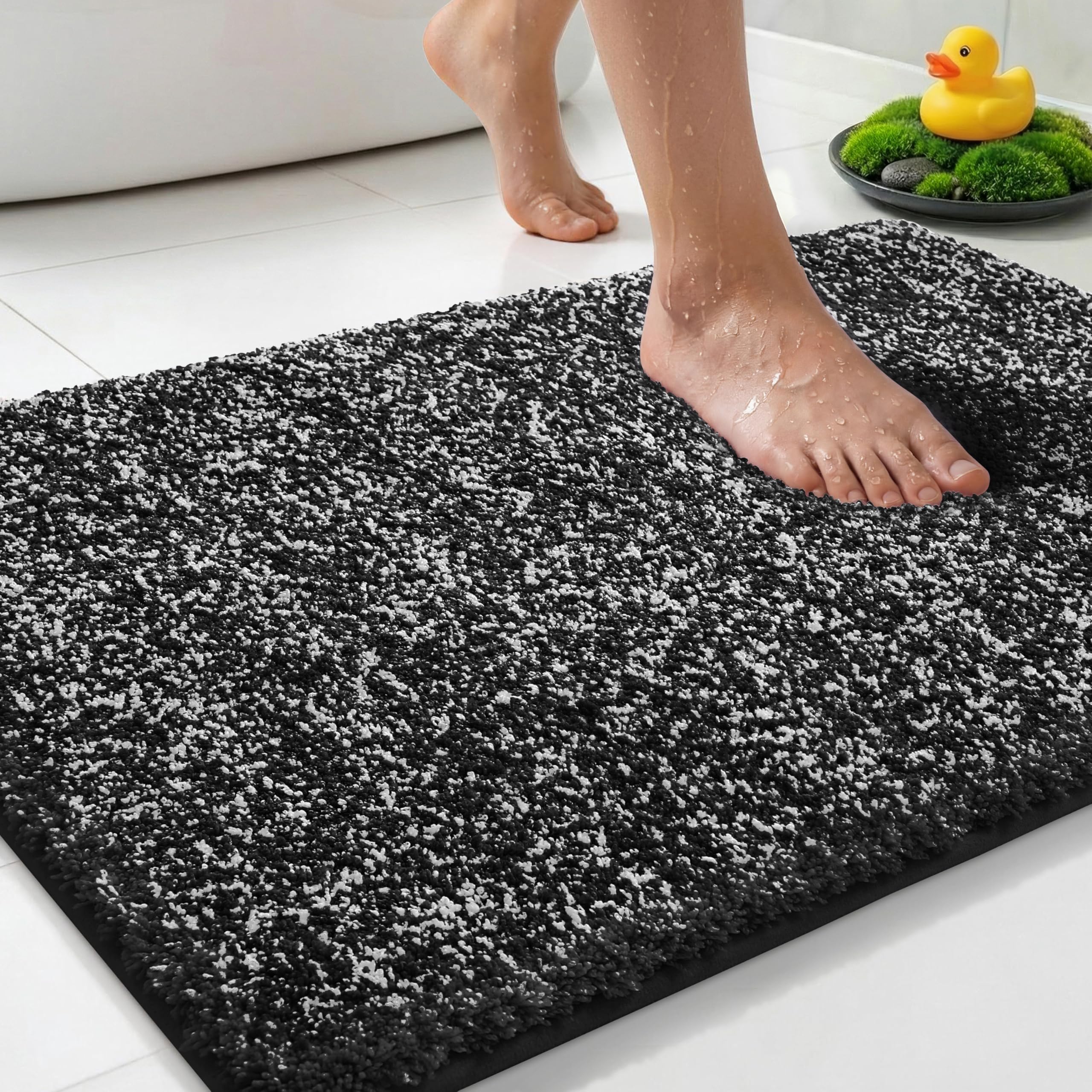 Yimobra Anti-Fatigue Non Slip Bathroom Rugs – Cushioned Dense Elastic Microfiber Bath Mat for Pressure Relief, Comfort for Tired Feet, Soft Absorbent Machine Washable, 24" x 17", Black and White