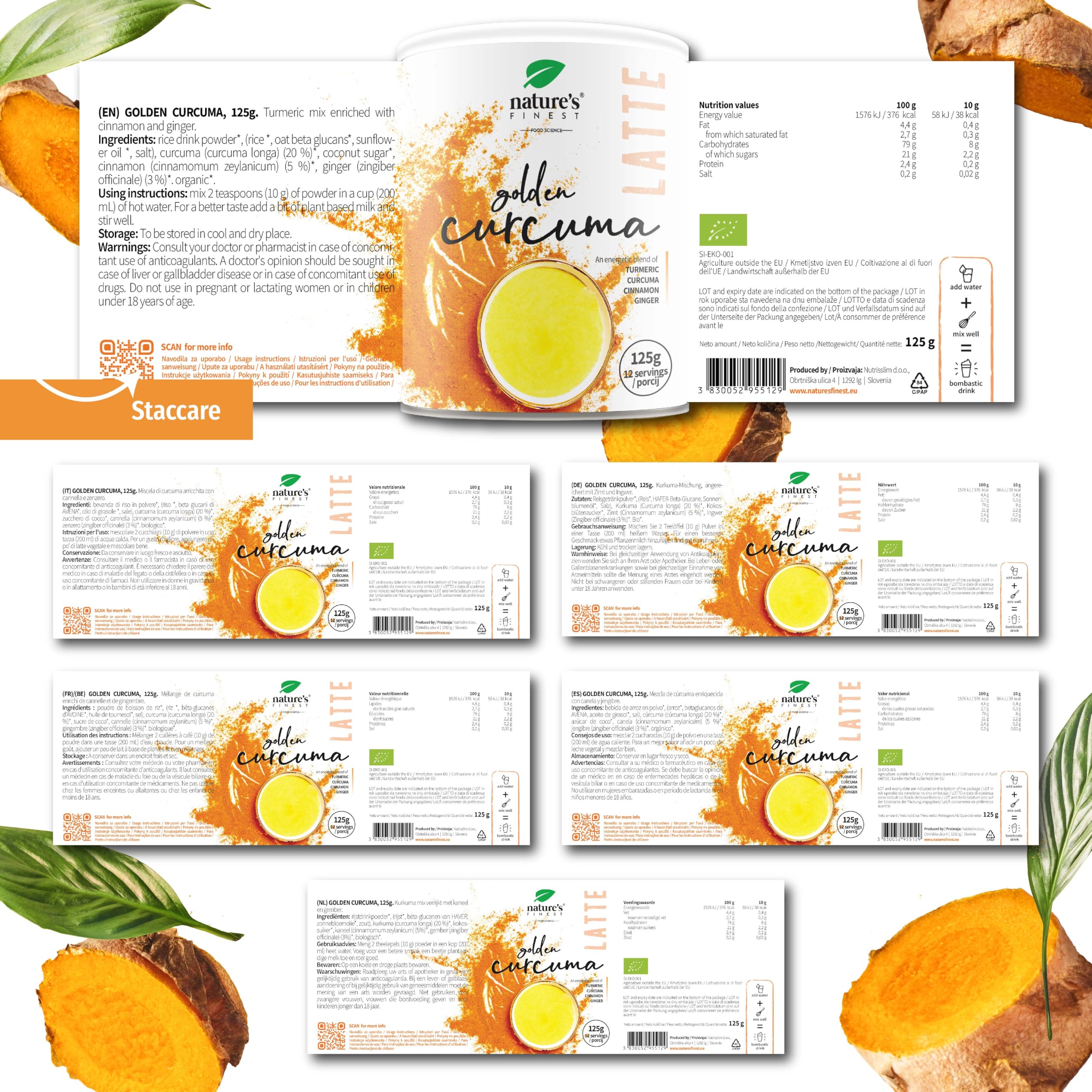 Nature's Finest Golden Curcuma Latte 125 g (Confezione da 3) | Miscela Istantanea per Bevanda al Latte - Pronta in un Minuto - Biologico - Vegano - Senza Lattosio