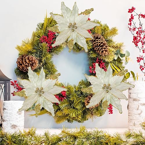 Miniatura 9 de Briful Juego de 4 flores de Pascua con purpurina de 12 pulgadas, flores artificiales con tallos largos para fiesta de árbol de Navidad, decoración