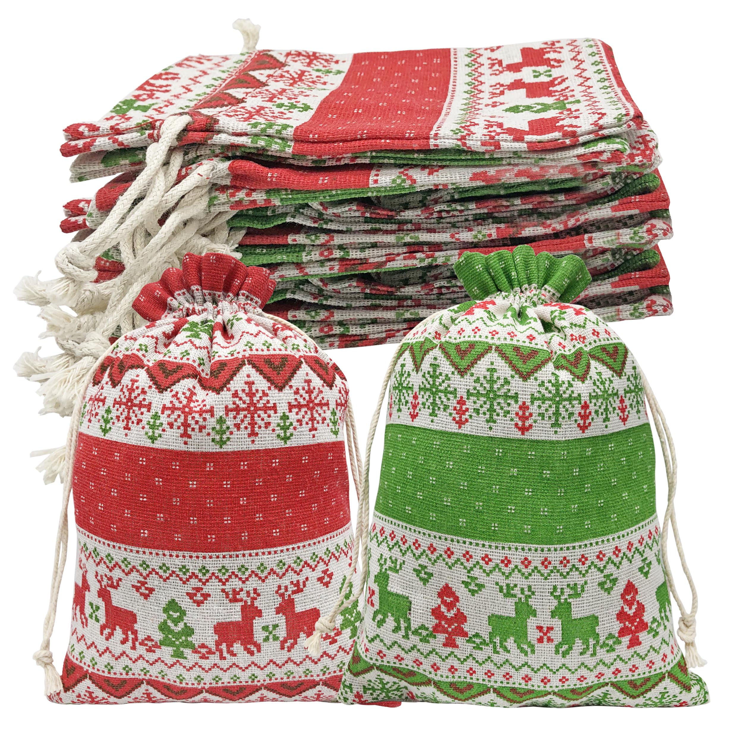Jexila 24 x Weihnachts-Geschenktüten aus Jute, 15,2 x 22,9 cm, groß, mit Kordelzug, für Süßigkeiten, Leckereien, wiederverwendbar, für Weihnachten, Leinen, Party, Geschenke, Geschenktüten