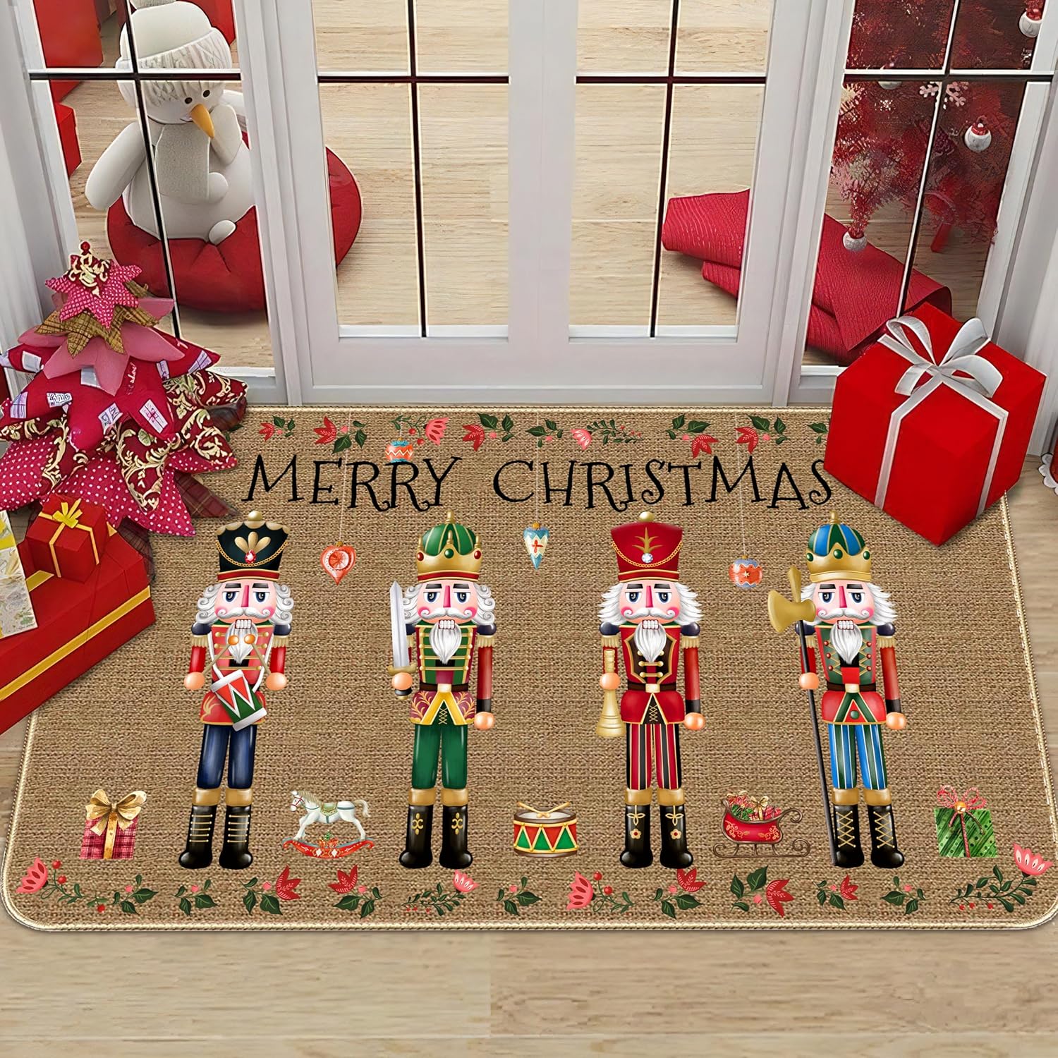 TREWAVE Nutcracker Christmas Doormat Decorative Door Mat Christmas Decor Xmas Holiday Non Slip Welcome Floor Rugs Soldier Kitchen Rug for Home Indoor Outdoor Decor 17x29 Inch