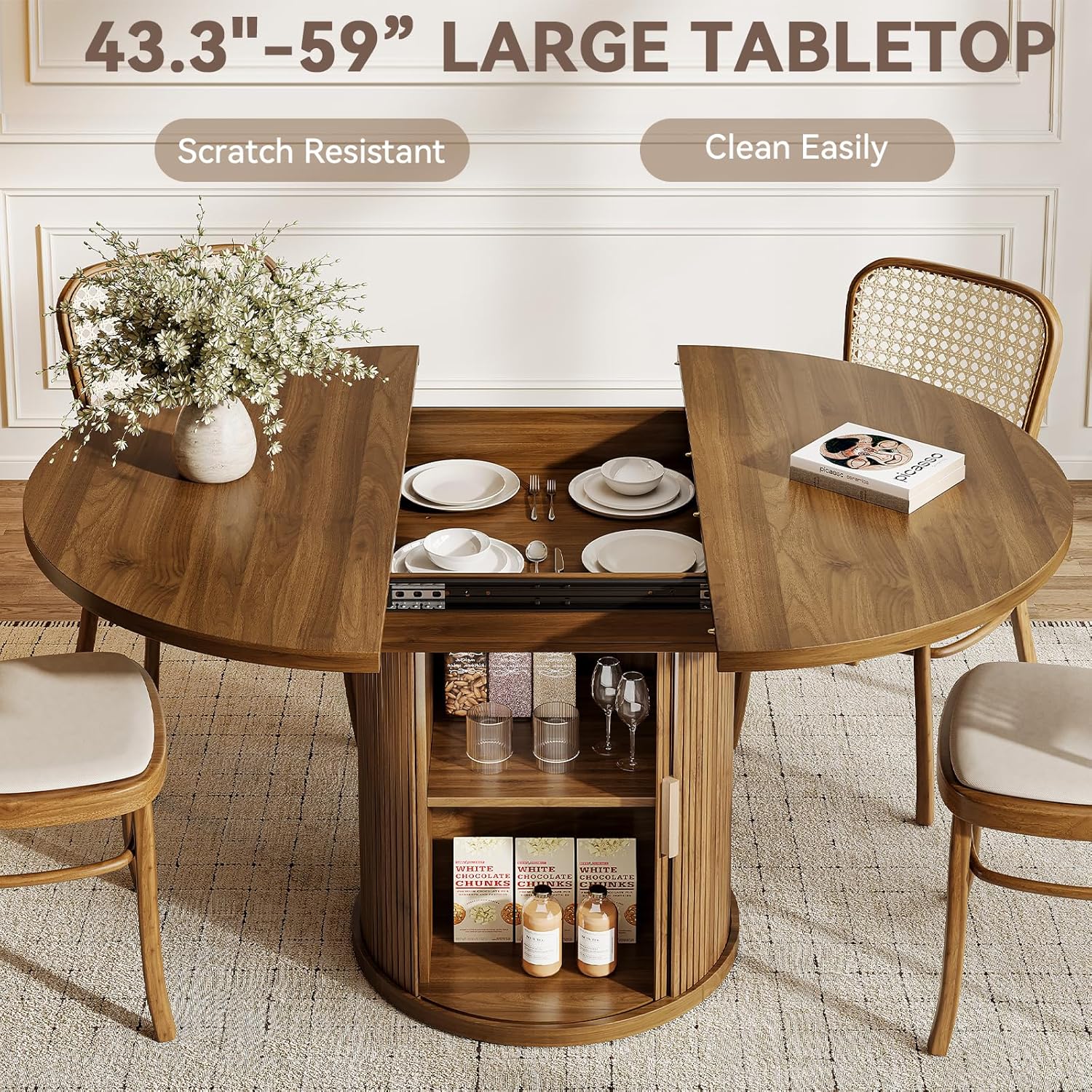 43.3" to 59" Extendable Dining Table for 4-6, Kitchen Round Table, Storage Dining Table with Double Shelves and Sliding Doors, Suitable for Family Dining Room,Walnut