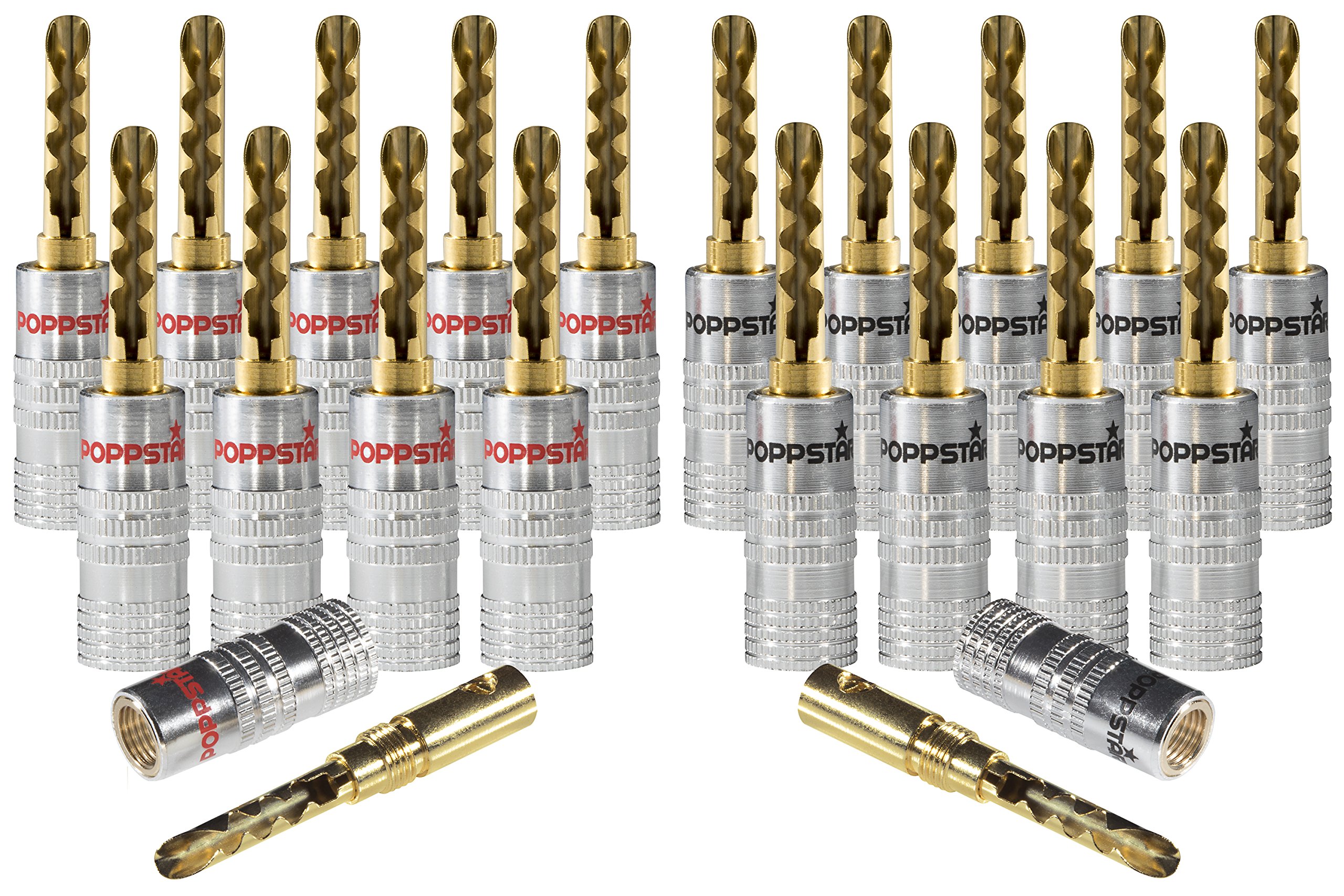 POPPSTAR 20x Hollow Banana Plugs, banana plugs for speaker cables (up to 6mm²), speakers, receivers