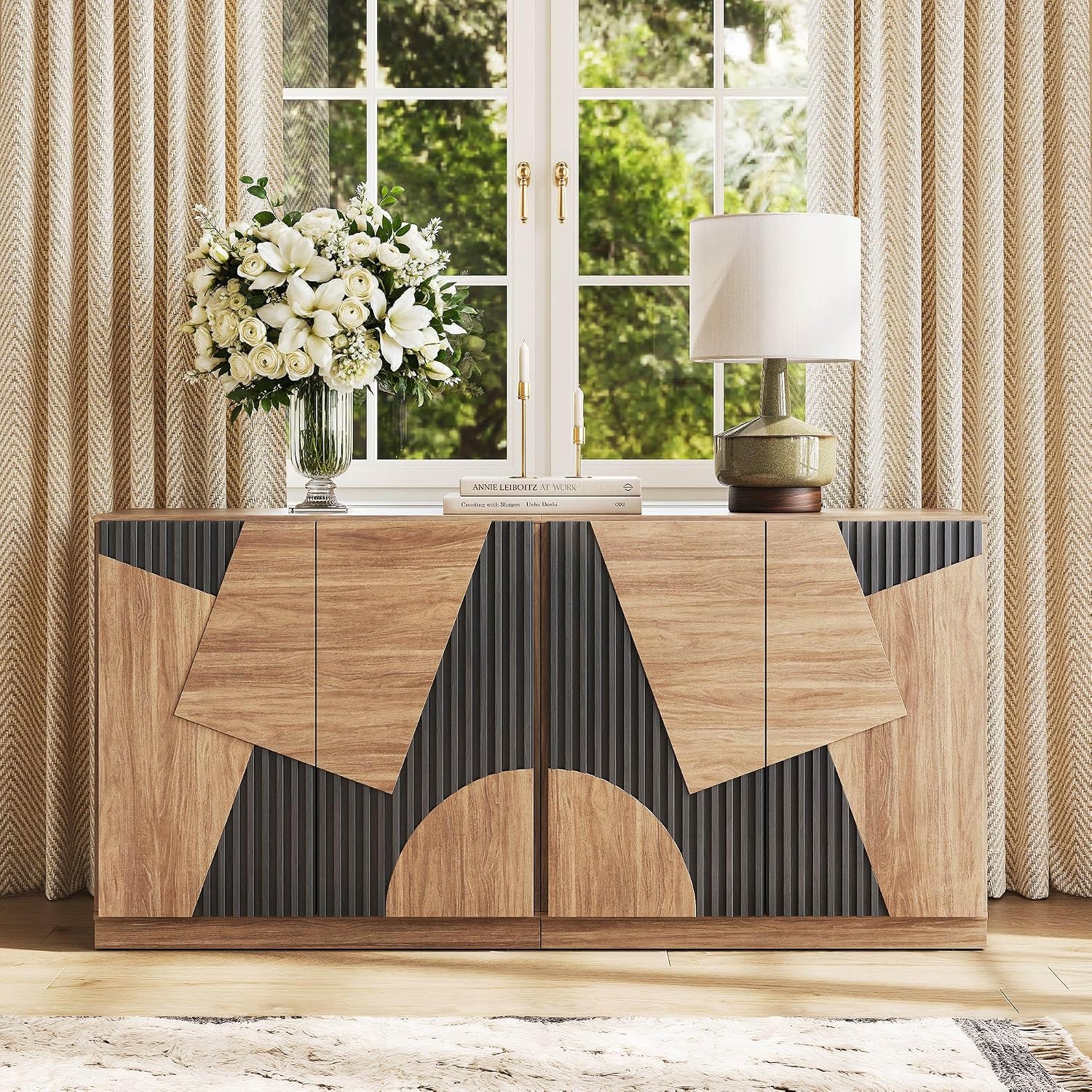 BELLEZE 66" Modular Sideboard Buffet Cabinet - Camel & Espresso Black
