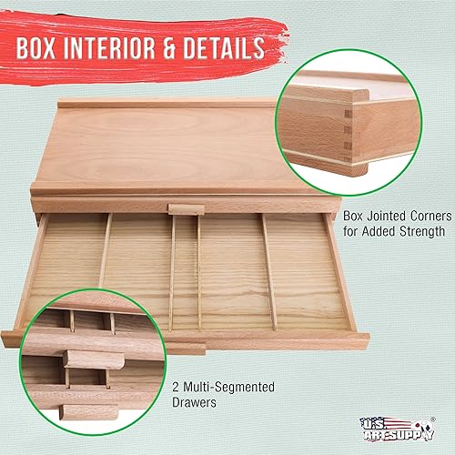 Miniatura 4 de U.S. Art Supply Caja de suministro de herramientas de artista de 2 cajones con 5 compartimentos por cajón, caja de arte de madera dura para