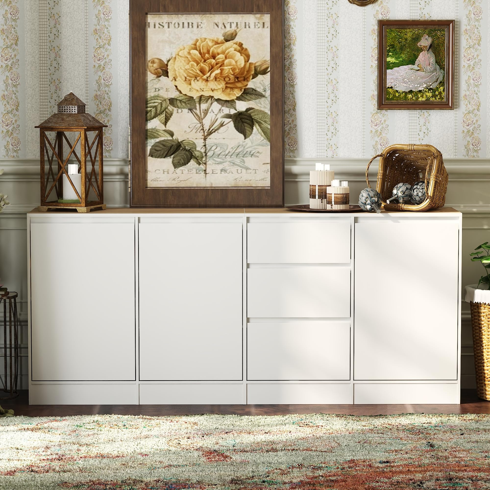 Mobile da 3 ante e 3 cassetti, credenza, credenza con ripiani, comò, armadio multifunzionale per la conservazione, per soggiorno, cucina, corridoio, 80 x 180 x 35 cm, MDF, bianco