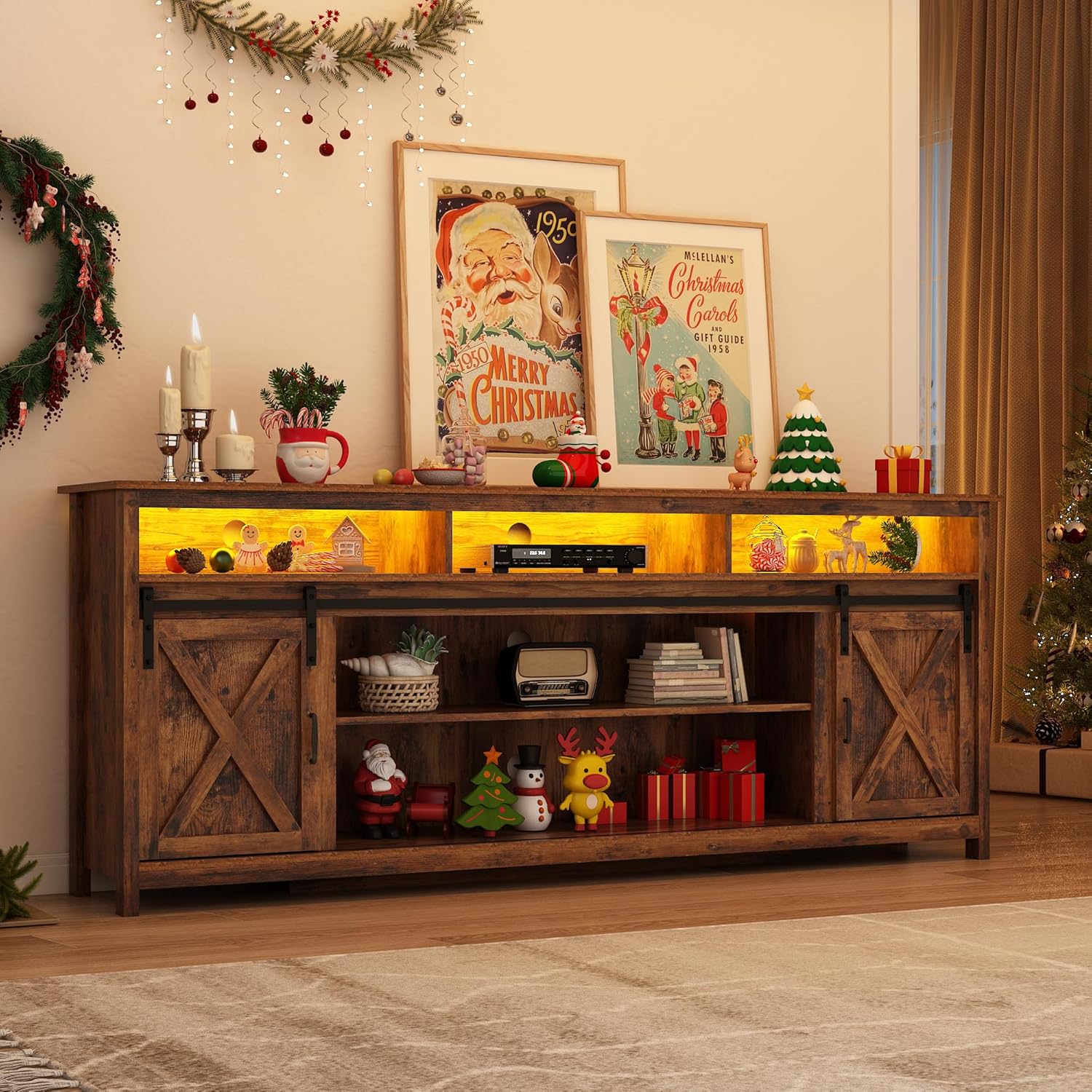 80" LED Farmhouse TV Stand for 90/85/80 Inch TVs,Tall Entertainment Center Storage Cabinets w/Power Outlets and Sliding Barn Door,Rustic TV Stands for Living Room,Media Console Cabinet (Brown)