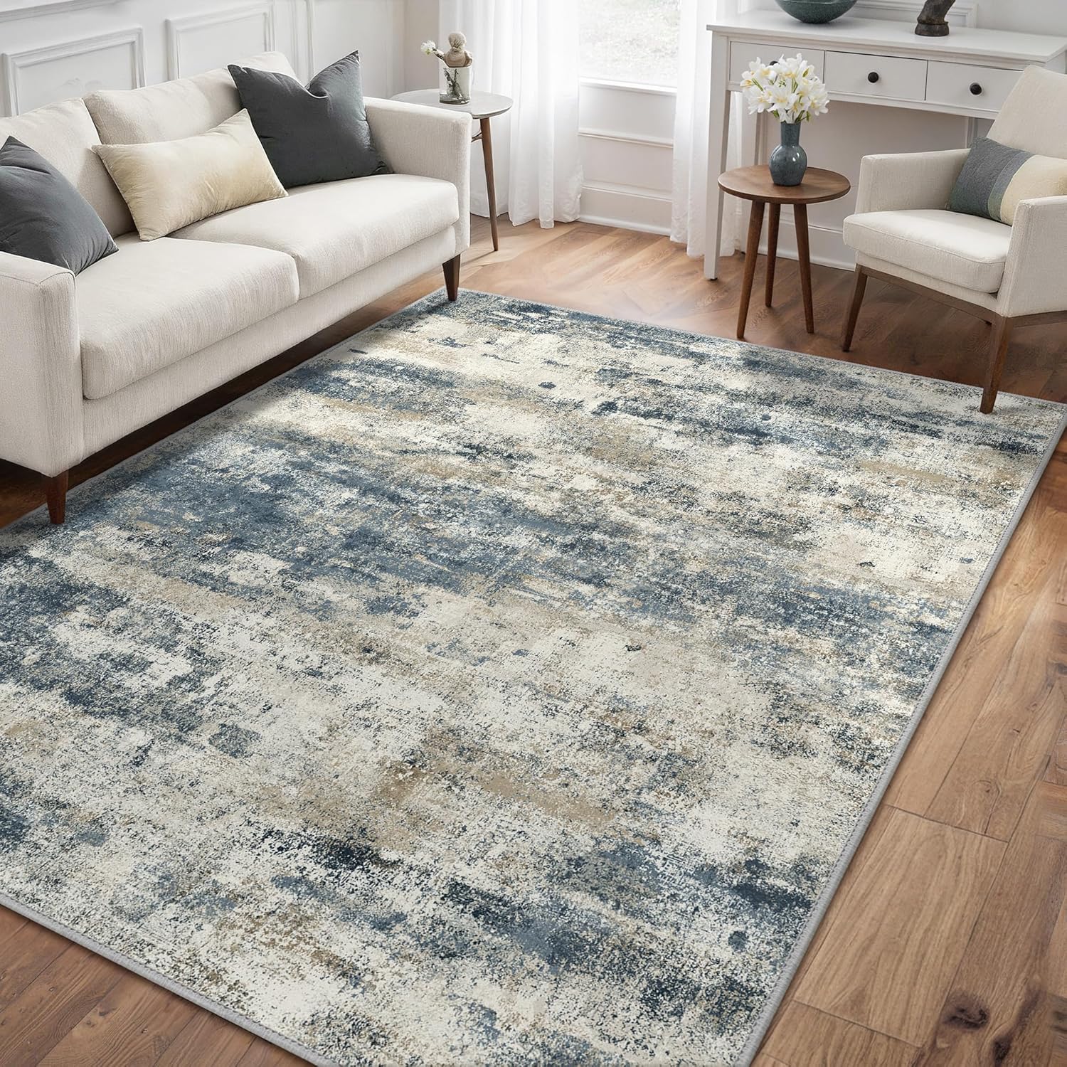 GENIMO Abstract Area Rug 5x7, Washable Modern Rug Non Slip, Low Pile Lightweight Soft Large Carpet for Living Room, Bedroom, Dining Room, Navy Blue