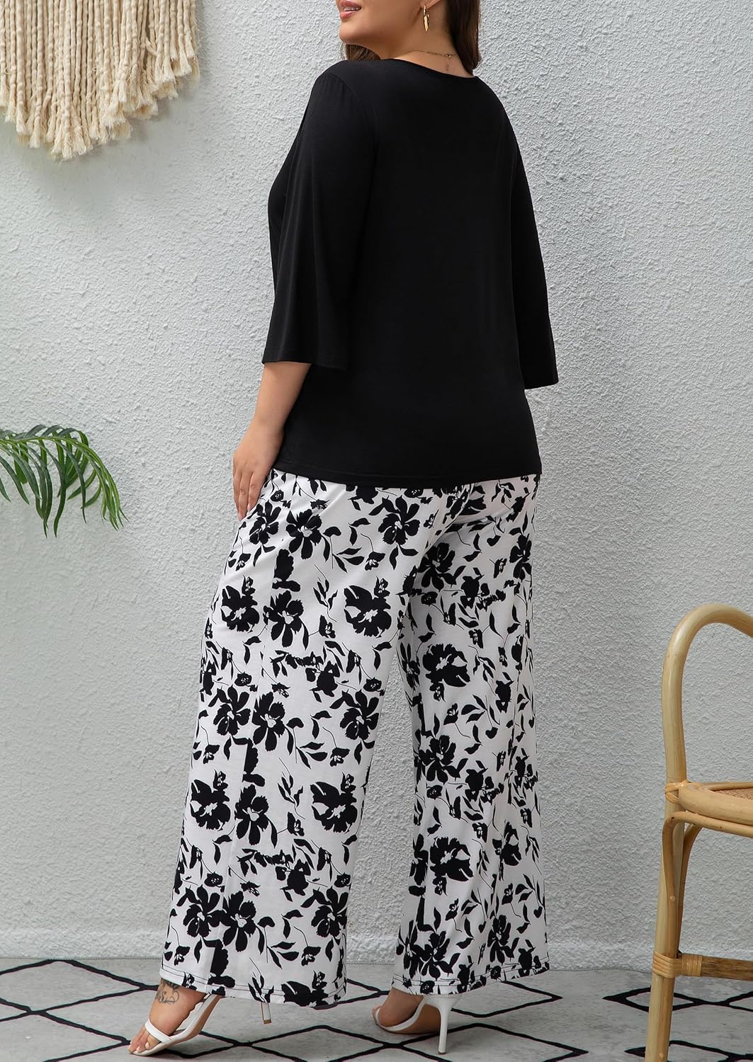 Womens Plus Size Lounge Sets 2 Piece Outfits 3/4 Sleeve Pullover Tops Wide Leg Pants Travel Loungewear - Image 5