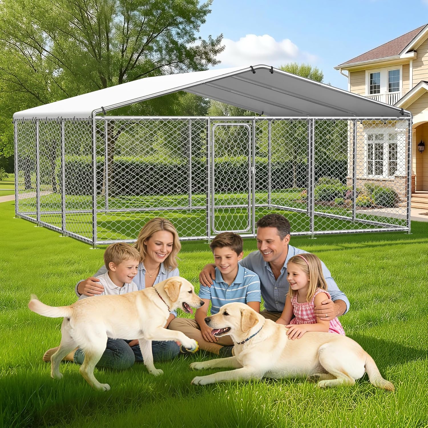 15.3x15.3 FT Large Outdoor Dog Kennel Outside,Heavy Duty Dog Enclosure with Waterproof Cover Roof and Security Lock(183.1x183.1x83.1in)