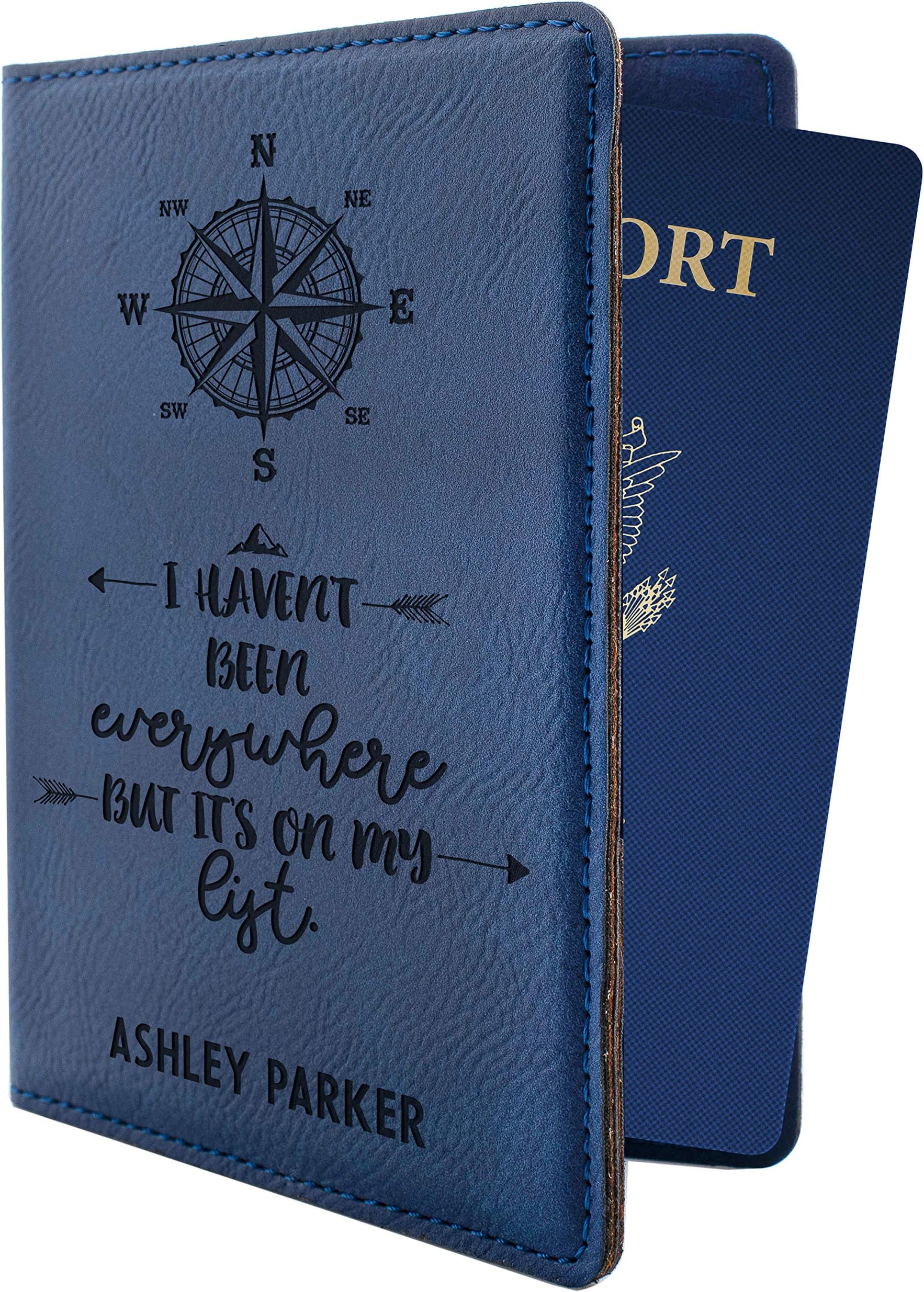 Personalized Passport Holder w Name and Quote - Custom Engraved Leather Passport Cover for Women and Men - Gifts for Travelers, Honeymoon, Travel Gifts | Blue