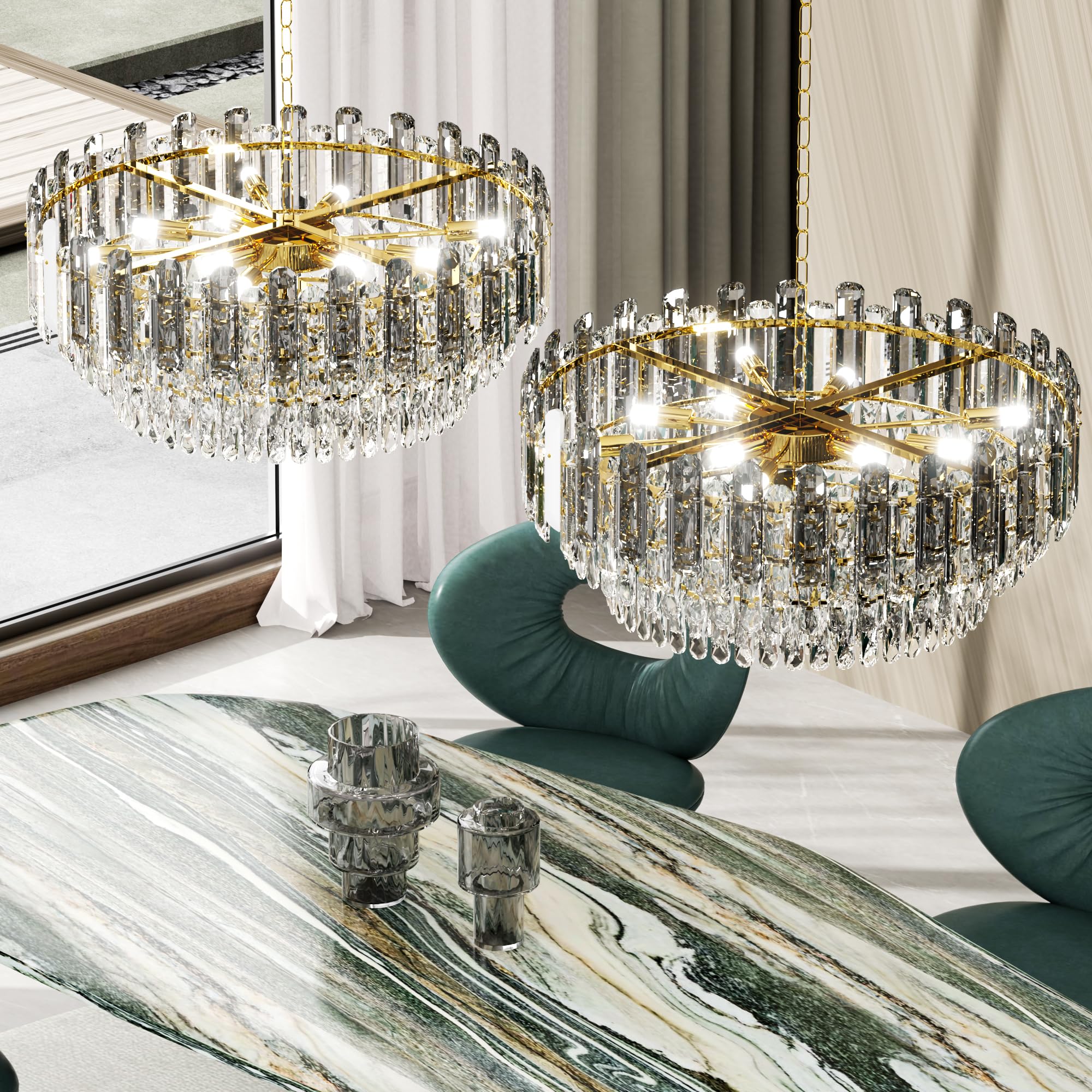 Lampadario in cristallo dorato moderno : illuminazione da soffitto rotonda in metallo e cristallo, plafoniera sospesa per sala da pranzo, camera da letto, 10xE14, 60×148cm