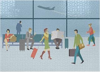 Ambesonne Airport Jigsaw Puzzle for Adults, Cartoon of People in Waiting Lounge View from Terminal with Landing Planes Print, Heirloom-Quality Fun Activity Durable Cardboard, 1000 pcs, Multicolor