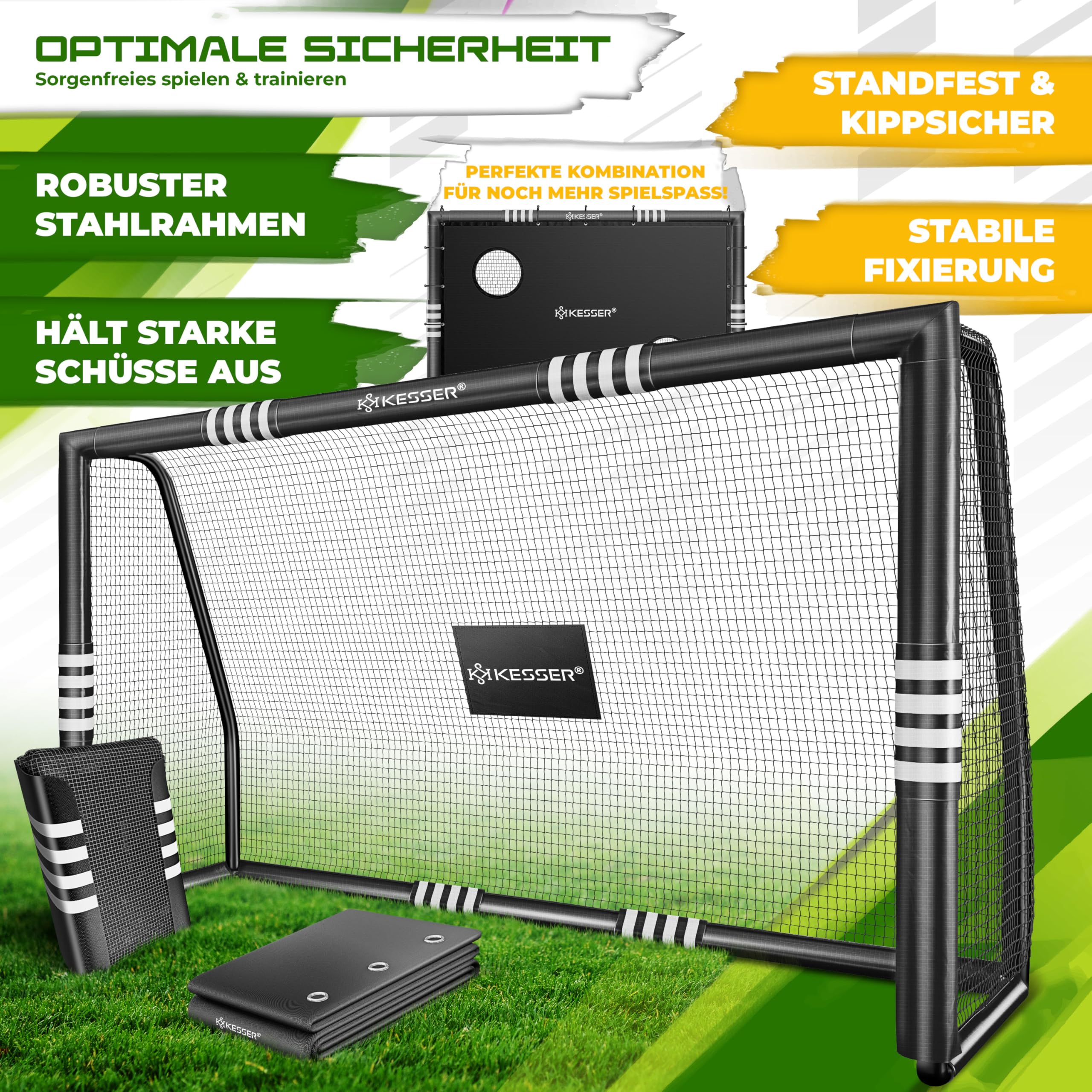 KESSER® Cache de Foot But de Football de Qualité Supérieure de 240 cm avec Mur de But, Filet d'Entraînement de Tir, Filet Résistant aux UV, Cadre en Acier avec Rembourrage, Crochet de Terre, Pompe