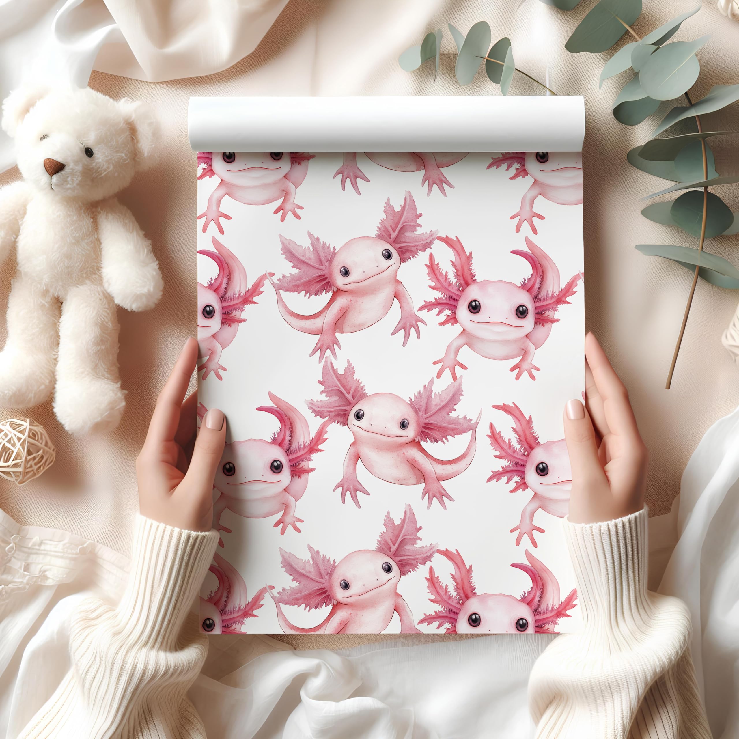 Axolotl Wrapping Paper Sheet – Cute Amphibian Gift Wrap for Birthdays, Kids Presents, or Quirky Animal Lovers – W82 (White, Large Sheet - 58 x 85cm / 22.8" x 33.4" inches)