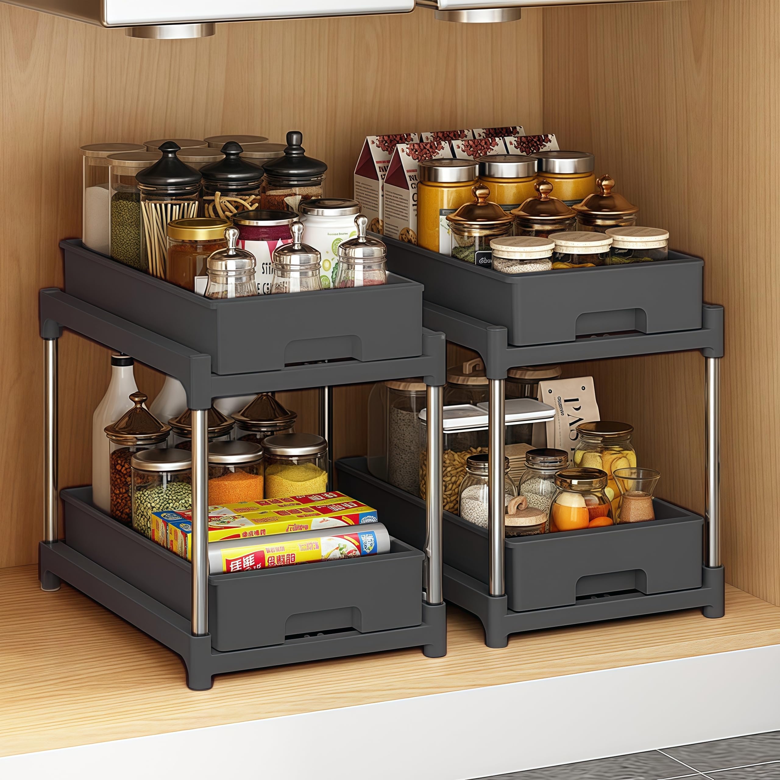 Tinyuet Estantería Bajo Fregadero, Organizador de 2 Niveles Extraíble para Bajo Fregadero - Cocina, Baño y Hogar - Negro - 1 Unidad