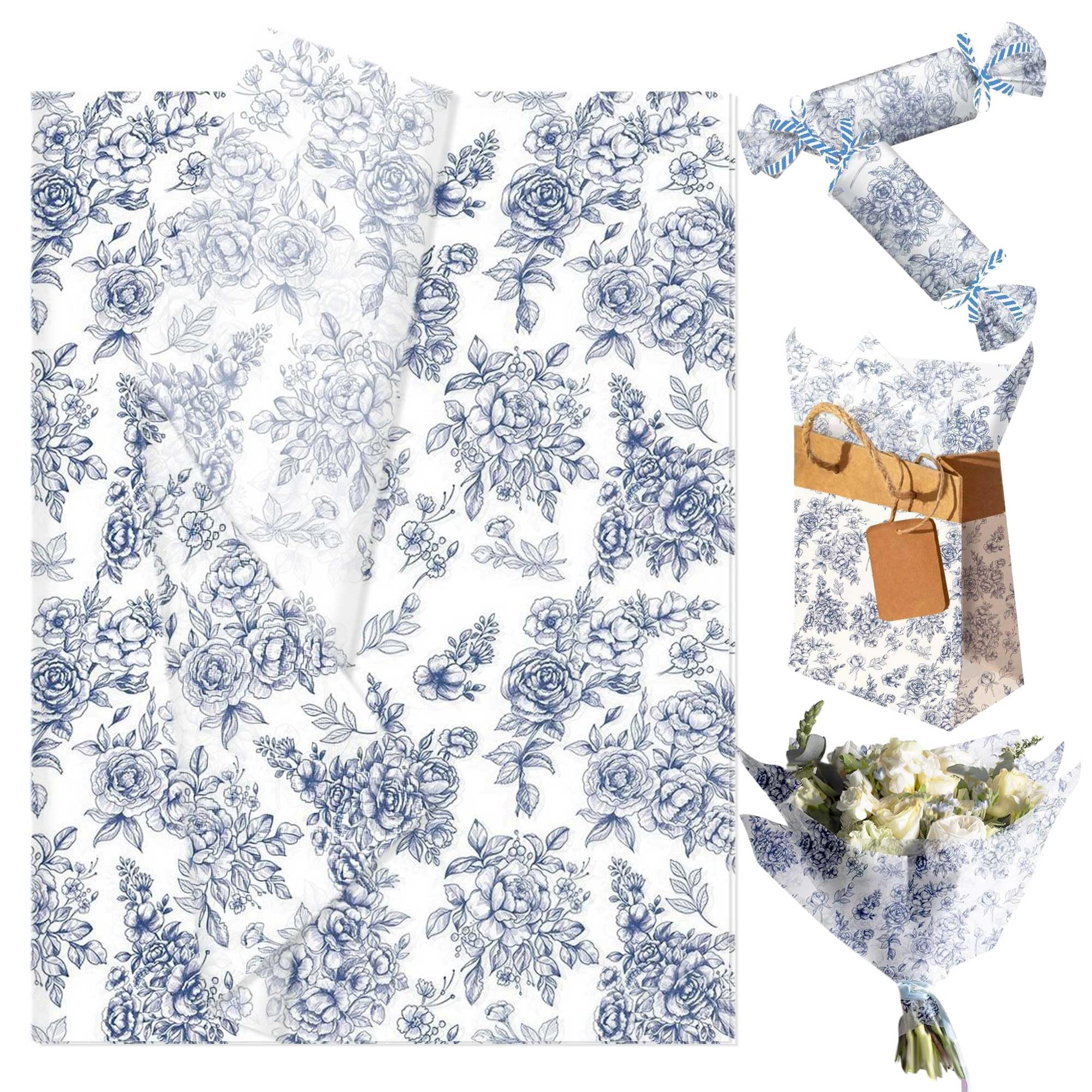 50 Sheets Blue Floral Tissue Paper Gift Wrapping Paper Vintage Blue White Flowers Packaging Patterned for Baby Shower Wedding Birthday Bridal Shower Party Decor