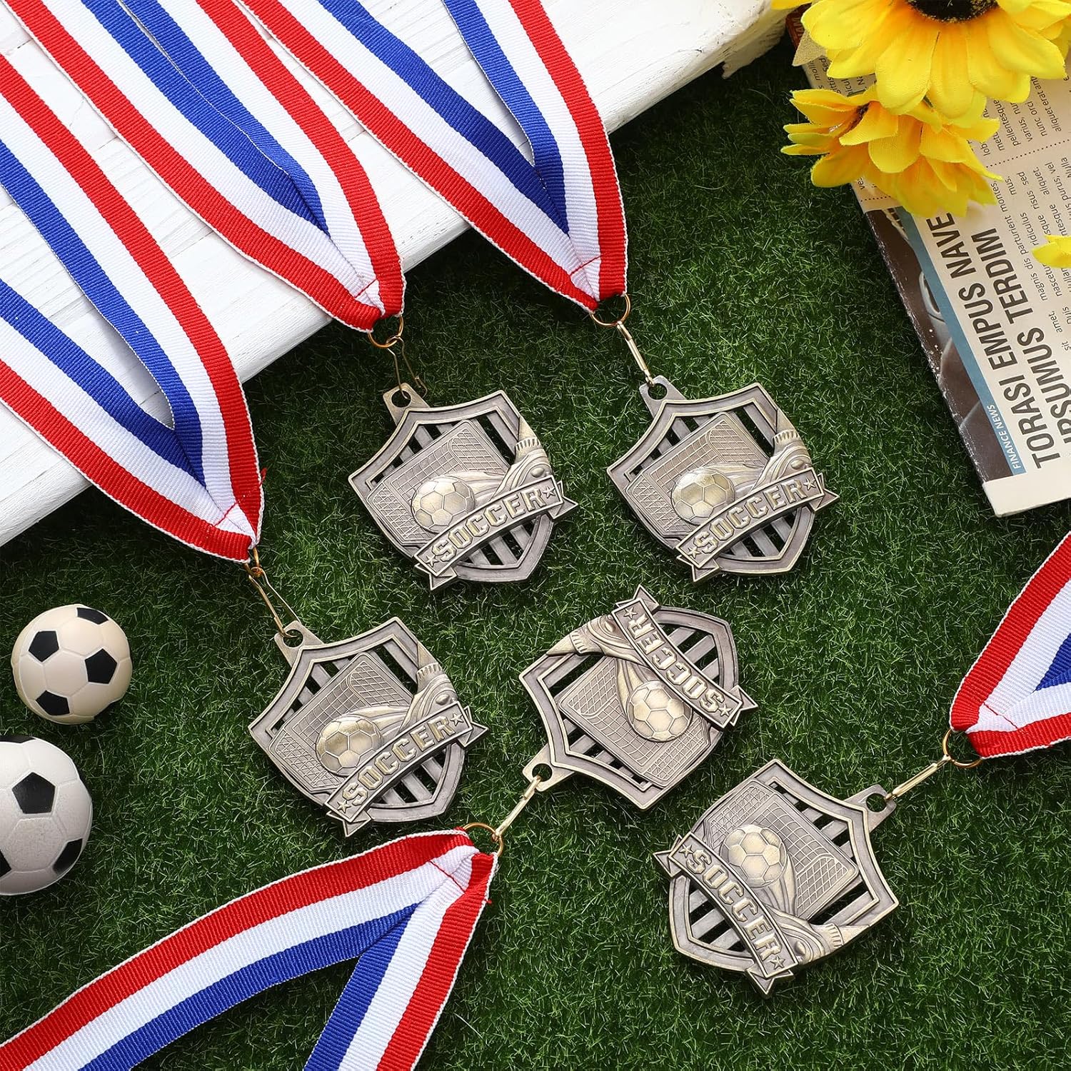 Cunno 24 Pcs Gold Medals Bulk 2 Inch Soccer Baseball T-Ball Softball Trophy Medals with Neck Ribbons for Team Sports Participation Tournaments Prize Gift League School Awards(Soccer)