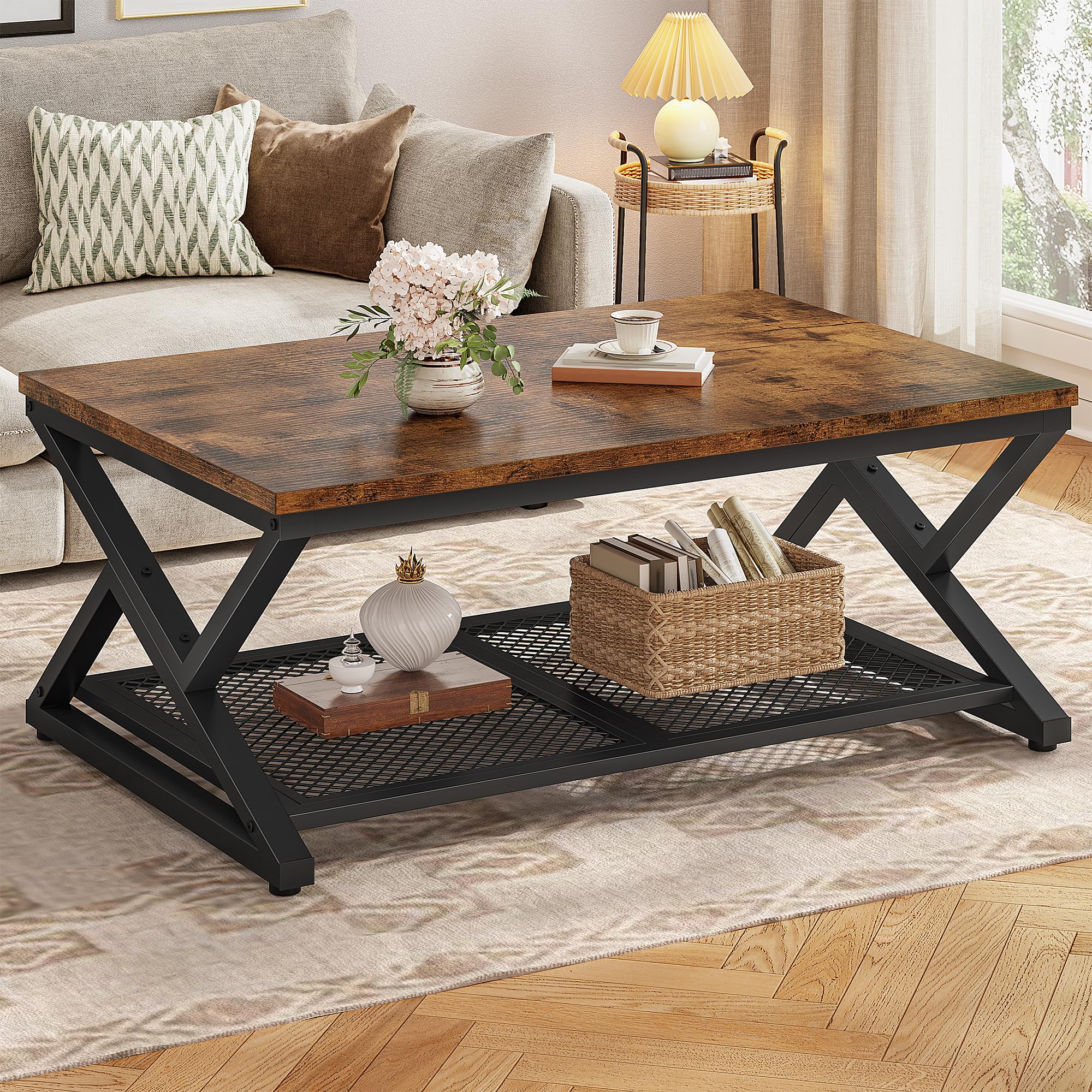 EnHomee Coffee Table with Storage, Modern Coffee Tables for Living Room with Mesh Shelf, 2 Tier Rectangular Center Table for Living Room, Bedroom,