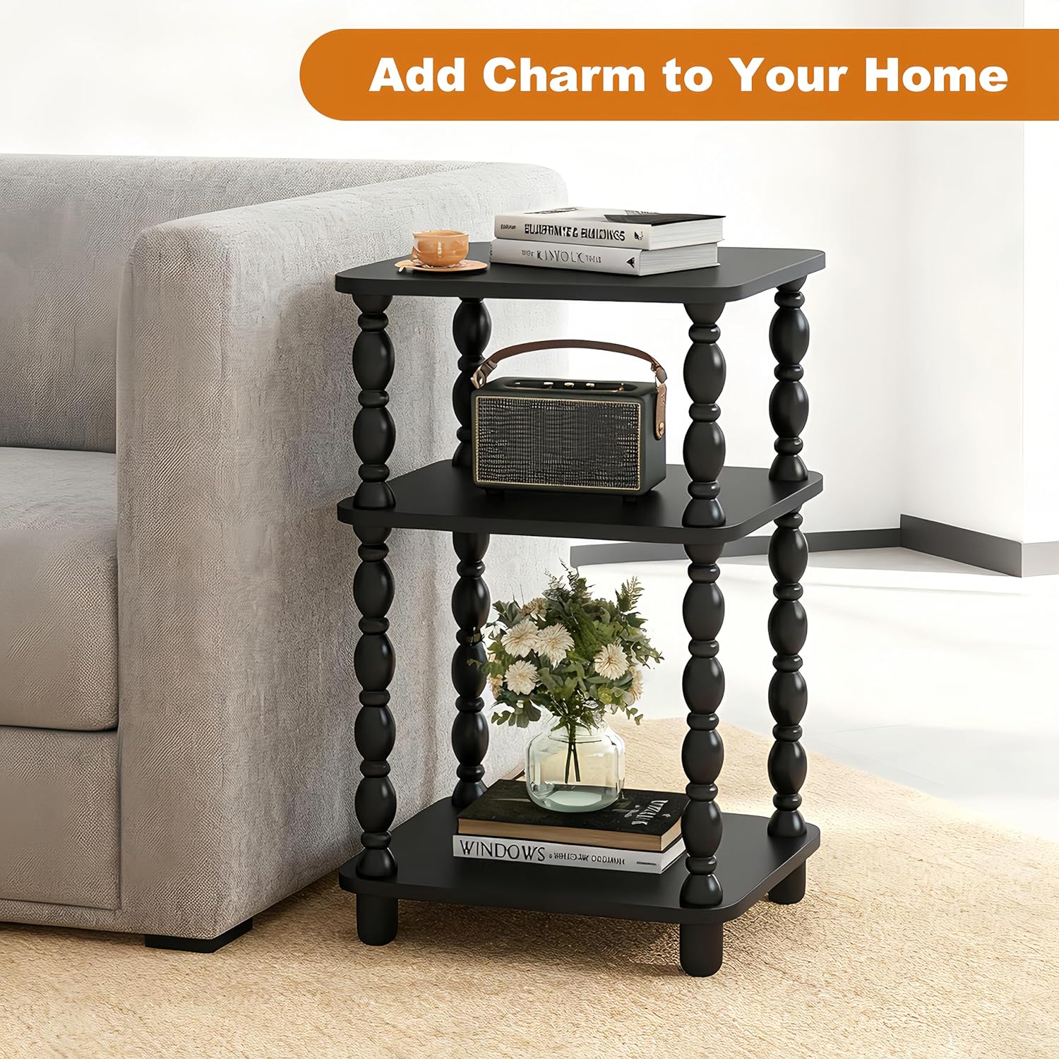Side Table, Retro End Table with 3 Tier Shelf, Small Couch Side Table for Living Room, Vintage Farmhouse End Table, Bedroom Skinny Bedside Table Nightstand(Black)