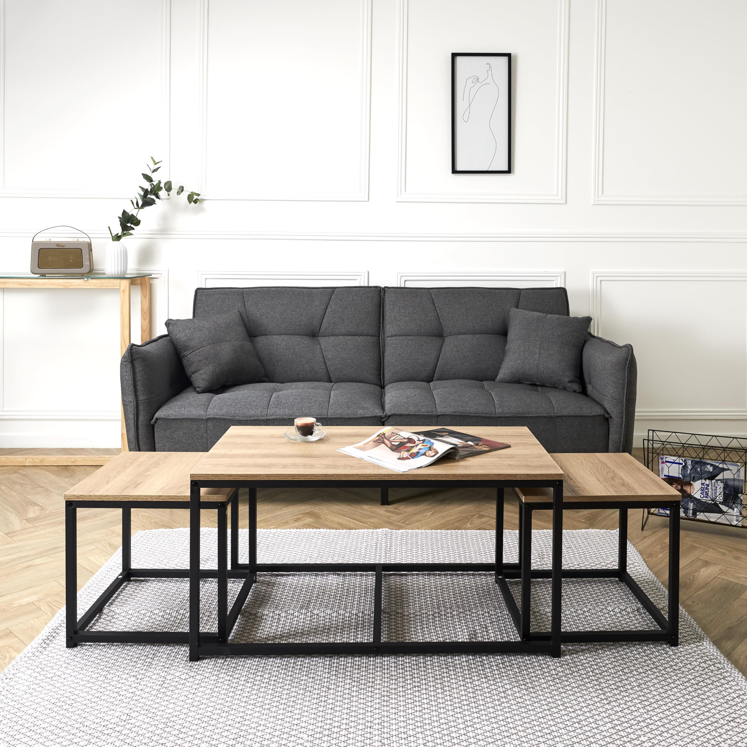 HOME DECO FACTORY - HD6579 Table Basse Industrielle Chic 3 Modules Seattle - Conçu pour Mobilier Bureau Gain de Place - Bois MDF et Métal - Dimensions 90 x 50 x 45 cm - Couleur Noir