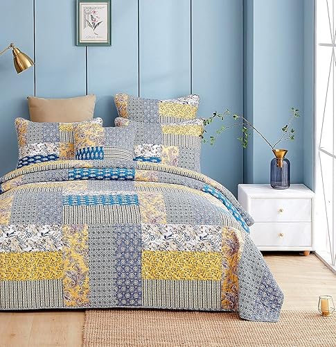 Miniatura 9 de DaDa Bedding - Juego de edredón reversible de algodón con fundas, tamaño King, Honey Cove, 3 piezas