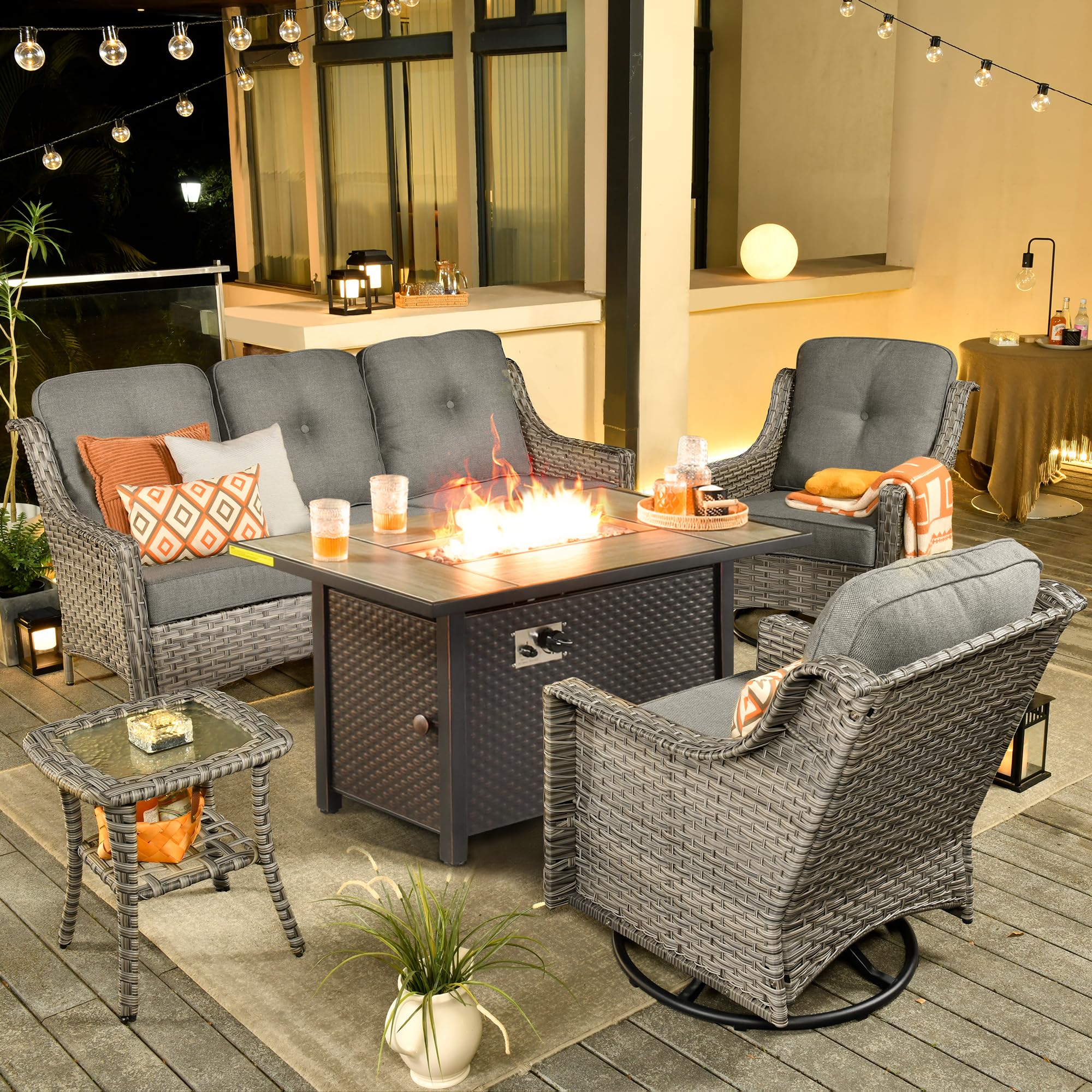 ovios Outdoor 5 Piece Patio Furniture with Fire Pit Table,Wicker Coversation Set with Swivel Rocking Chair,Comfy Sectional Deep Sofa for Outside Porch