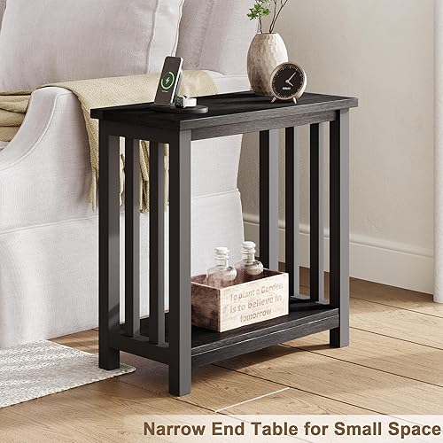 Miniatura 3 de ChooChoo Mesa auxiliar negra para espacios pequeños, mesa auxiliar estrecha, mesita de noche con estante de almacenamiento para sala de estar y